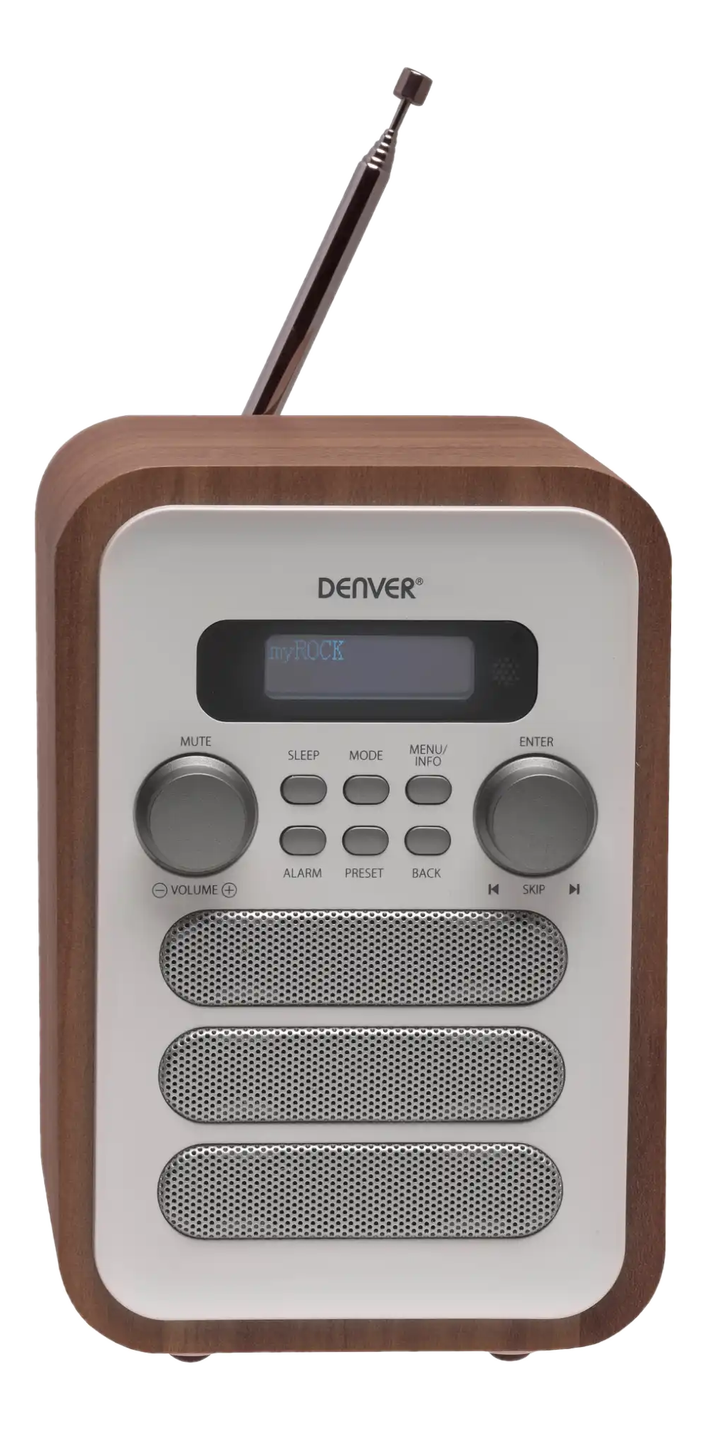 Une radio Denver avec boîtier en bois, façade argentée, écran LCD et commandes.