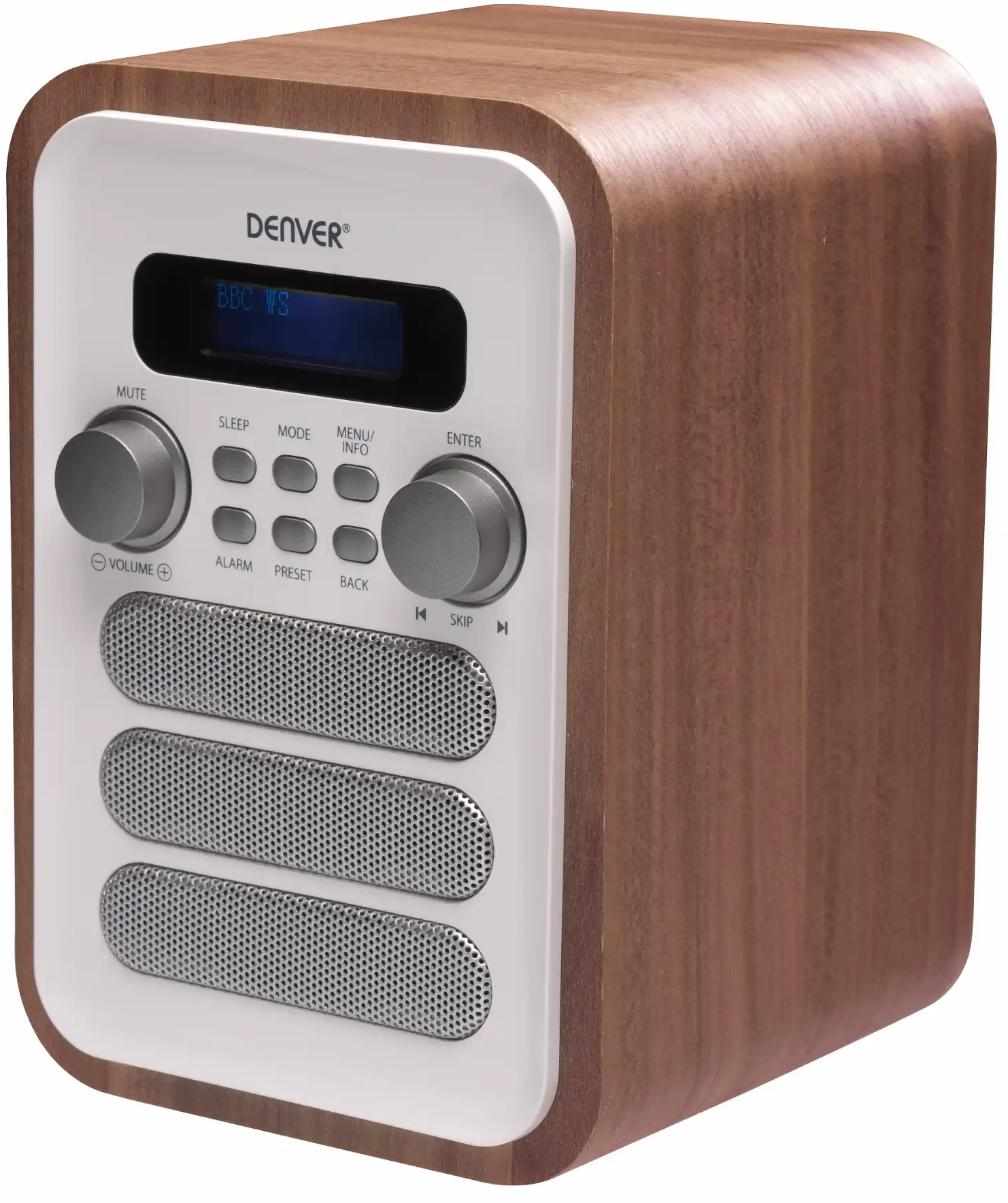 Une radio Denver avec boîtier imitation bois, panneau blanc et trois haut-parleurs.