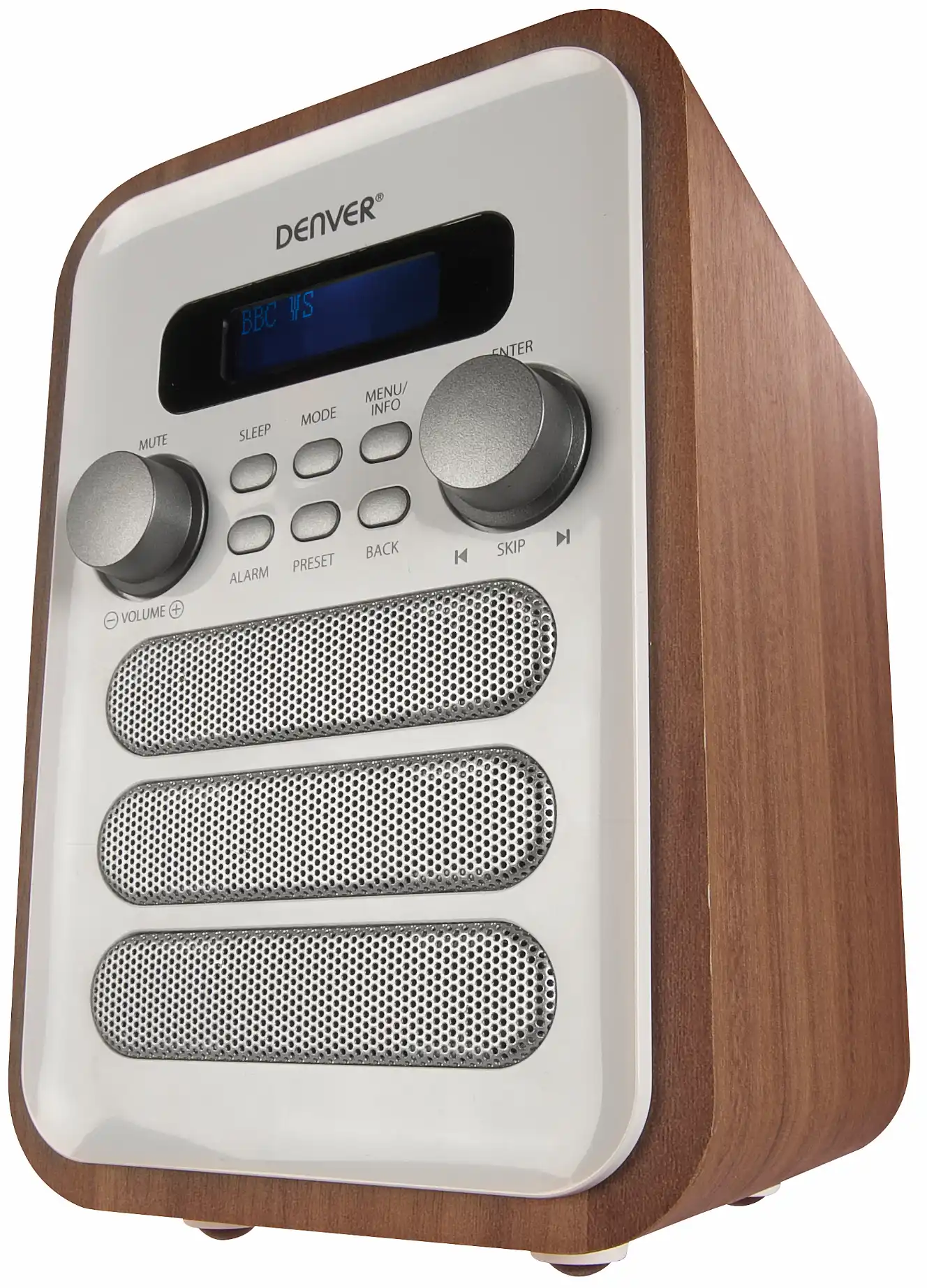Une radio Denver avec boîtier en bois, boutons argentés et haut-parleurs.
