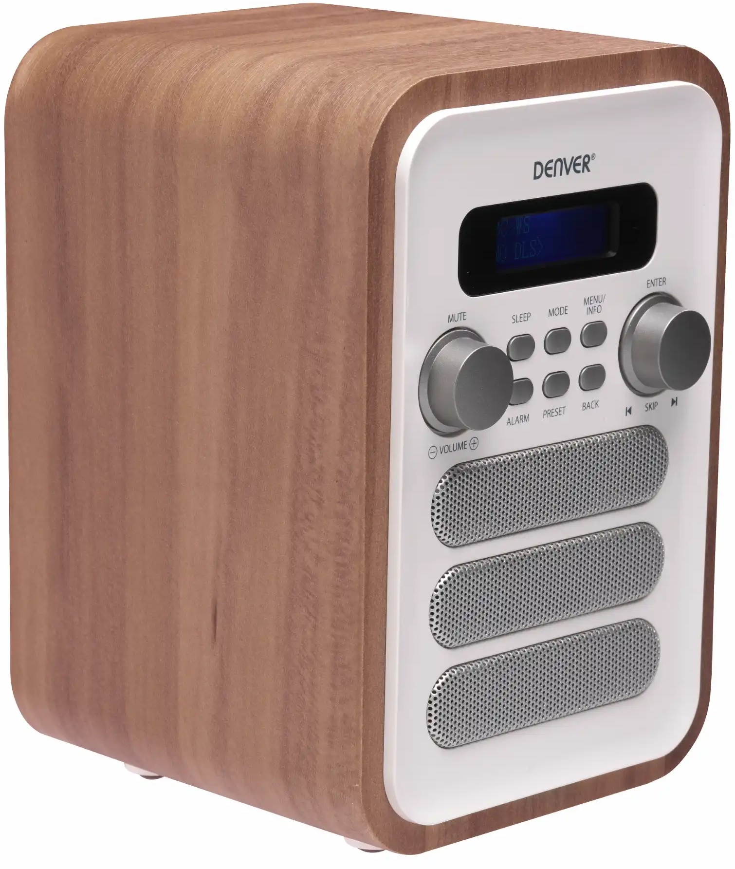 Une radio en bois avec façade blanche, écran et commandes.