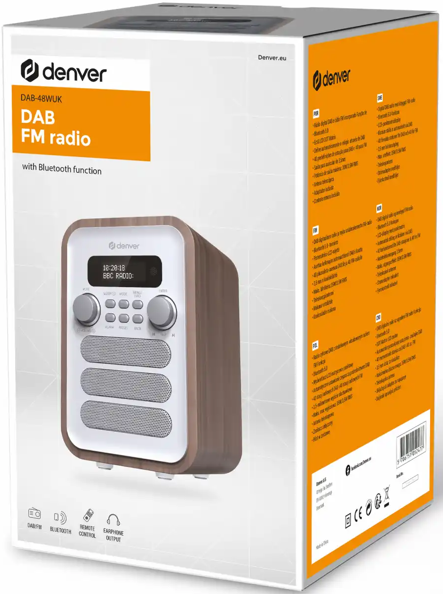 Radio Denver DAB/FM avec Bluetooth et finition bois. L'écran affiche BBC Radio.