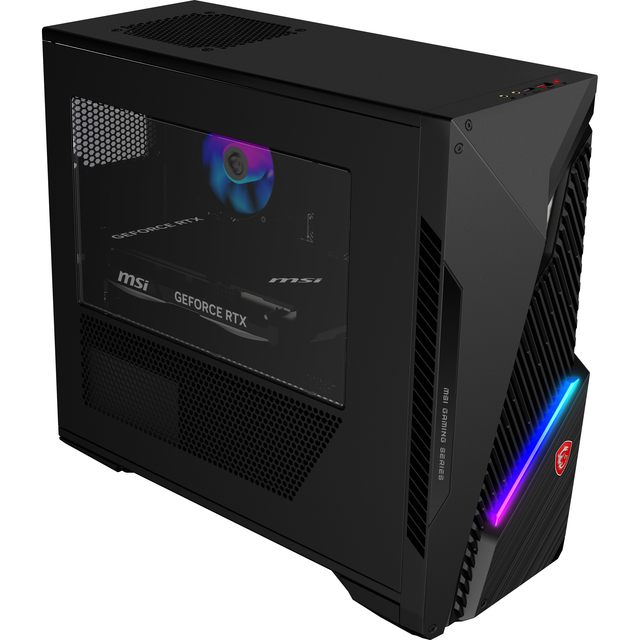 PC gamer noir avec ventilateur RGB et panneau avant éclairé.