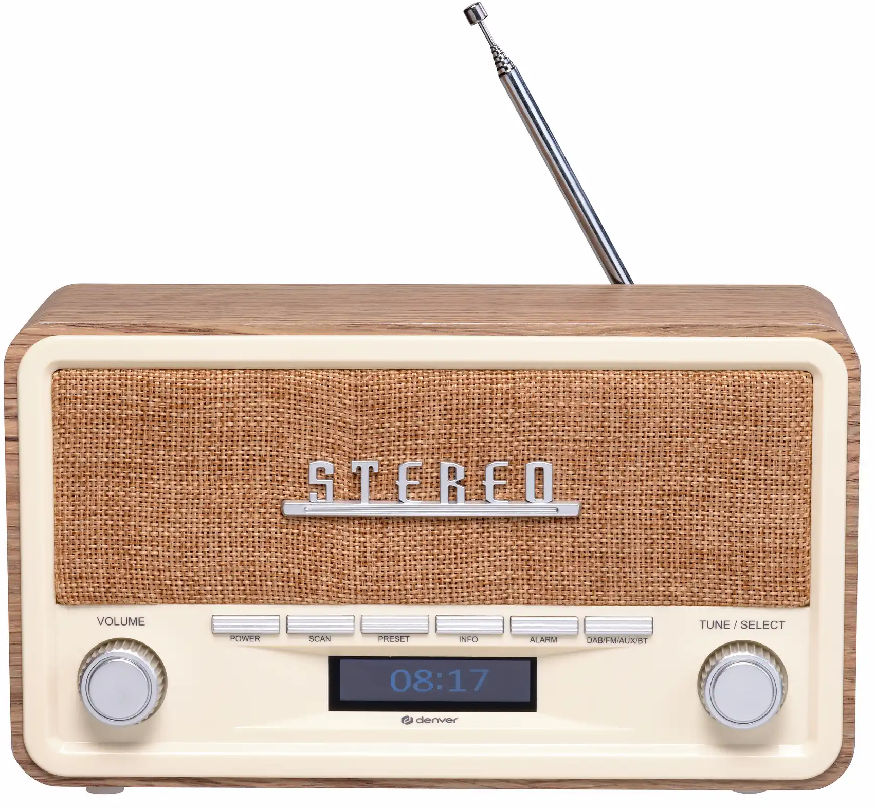 Une radio rétro avec grain de bois, façade en tissu et antenne extensible.