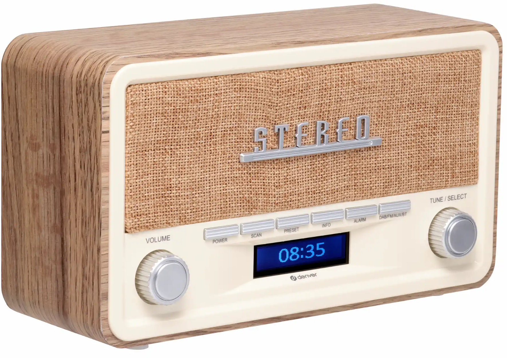 Une radio style rétro avec grain de bois, façade en tissu et écran numérique.