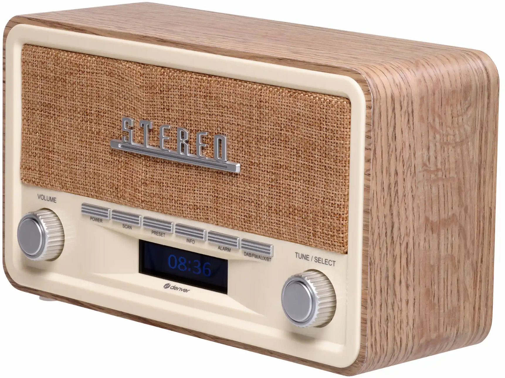 Radio en bois avec façade en tissu, logo argenté "STEREO" et écran numérique bleu.