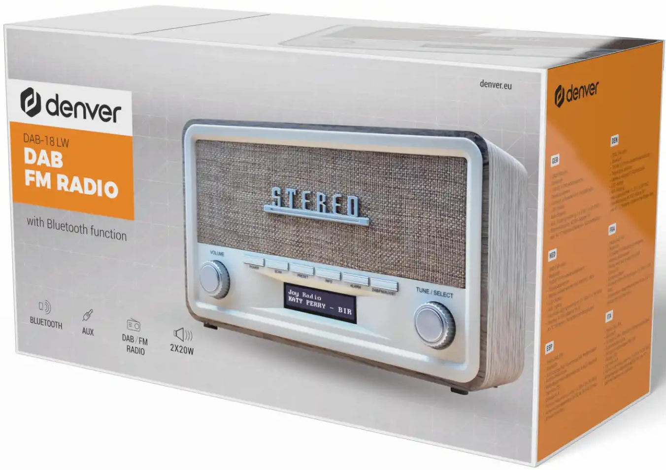 Radio Denver DAB/FM avec Bluetooth, Aux, finition bois, écran et commandes.