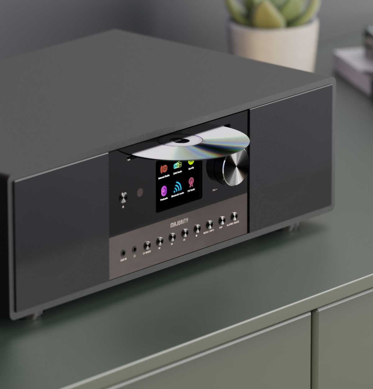 Un lecteur CD avec écran et boutons, avec un CD inséré.