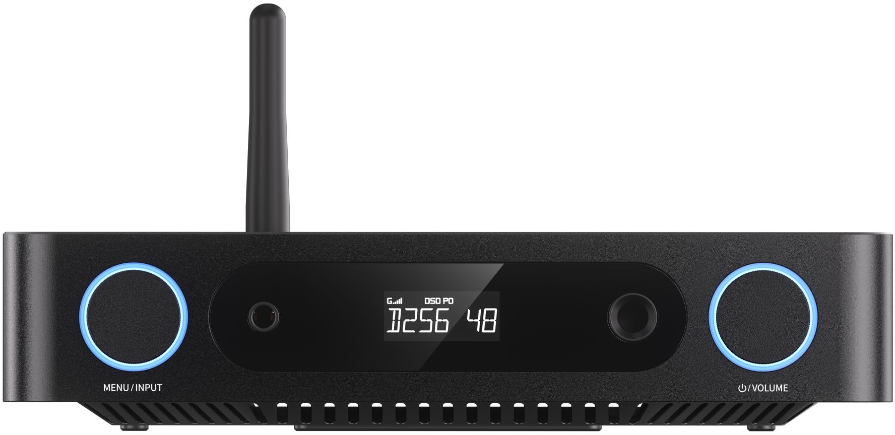 Schwarzes Audiogerät mit Antenne, Display und beleuchteten Knöpfen.
