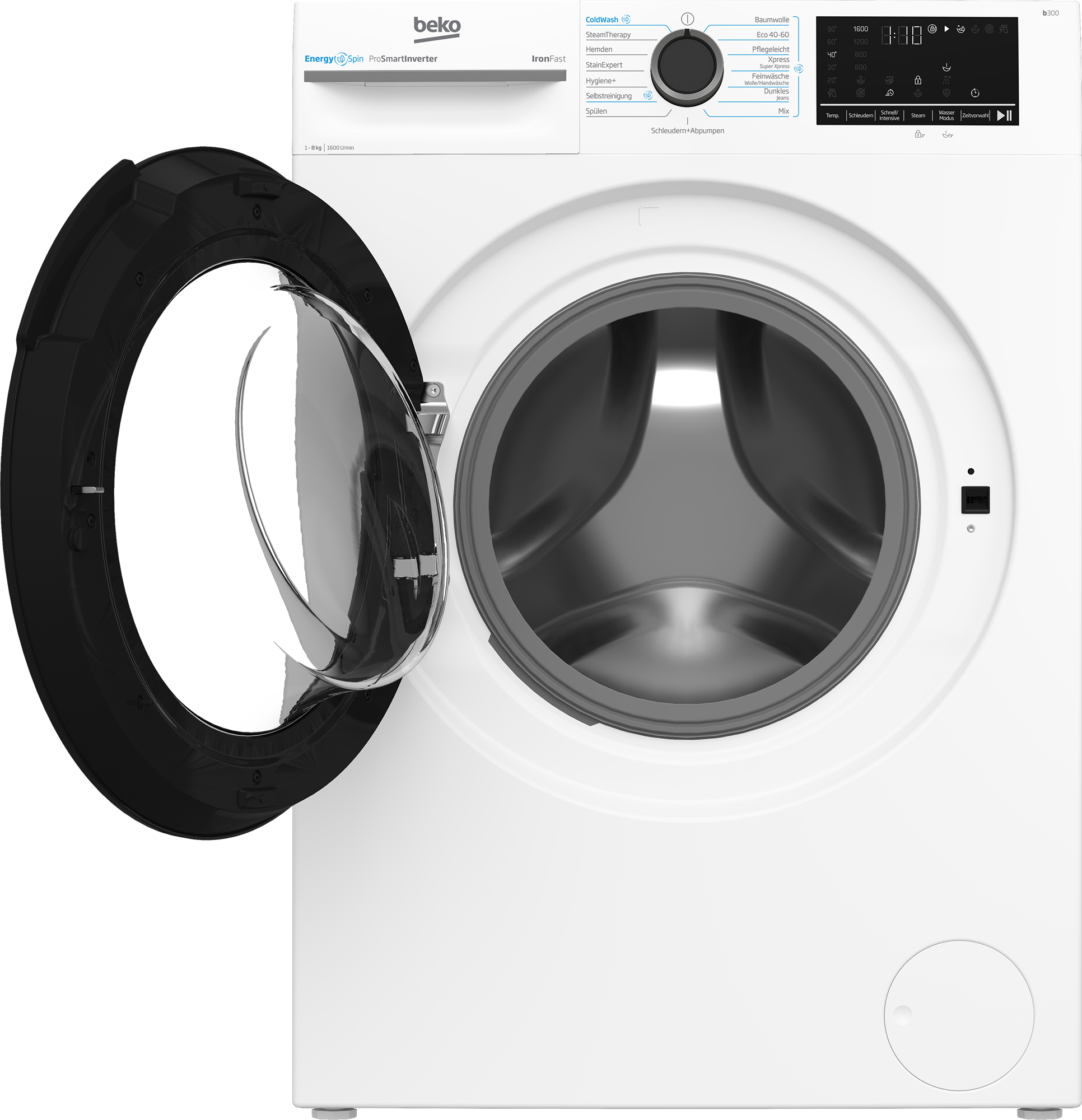 Weiße Beko Waschmaschine mit geöffneter Tür und digitalem Bedienfeld.