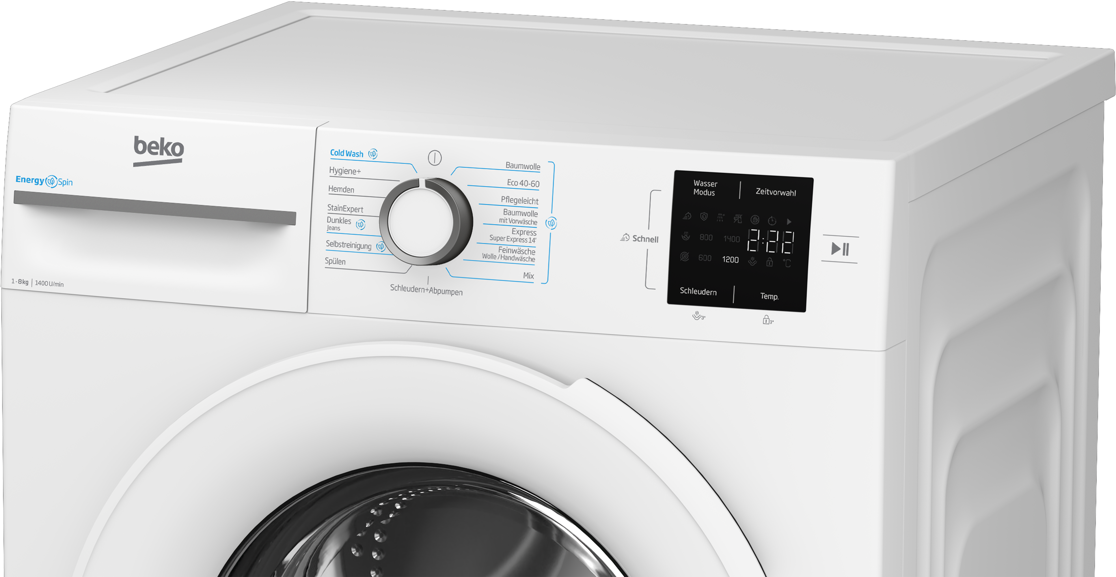 Eine weiße Beko Waschmaschine mit einem digitalen Display und Bedienfeld.