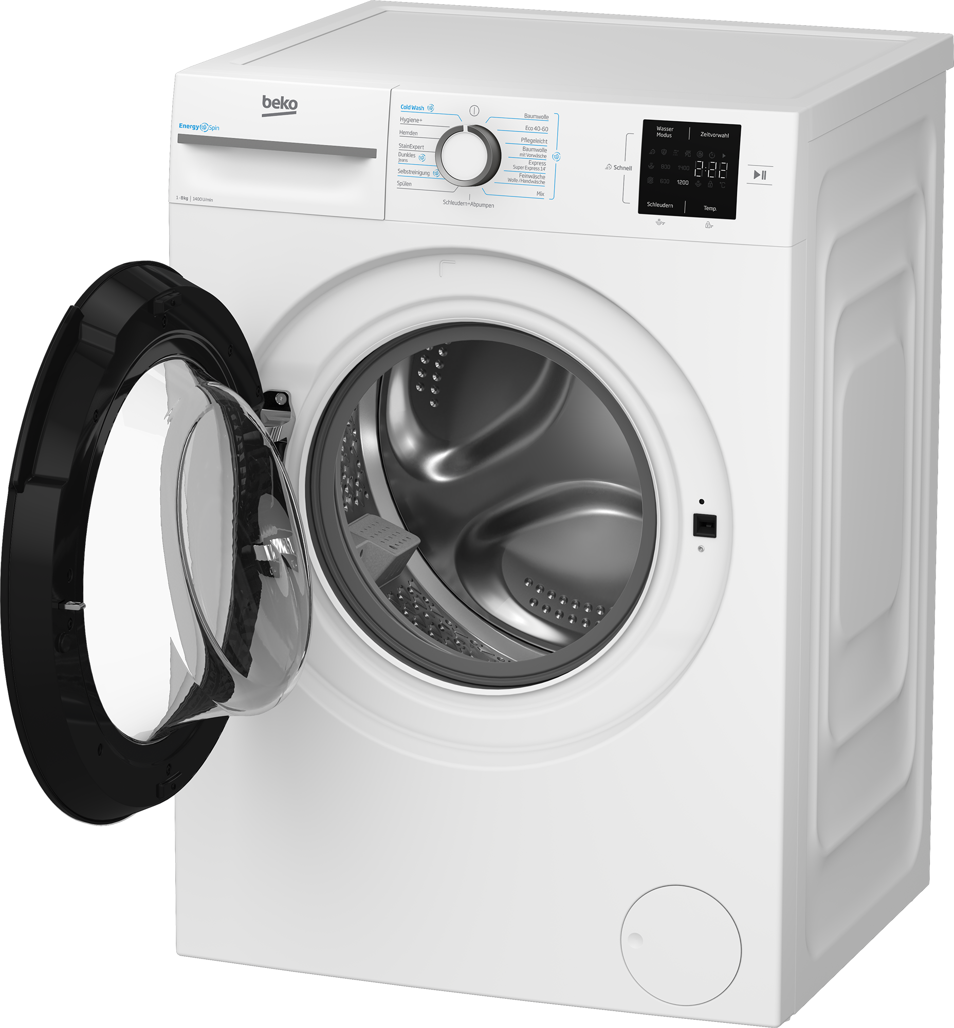 Eine weiße Beko Waschmaschine mit geöffneter Tür. Das Display zeigt Programme an.