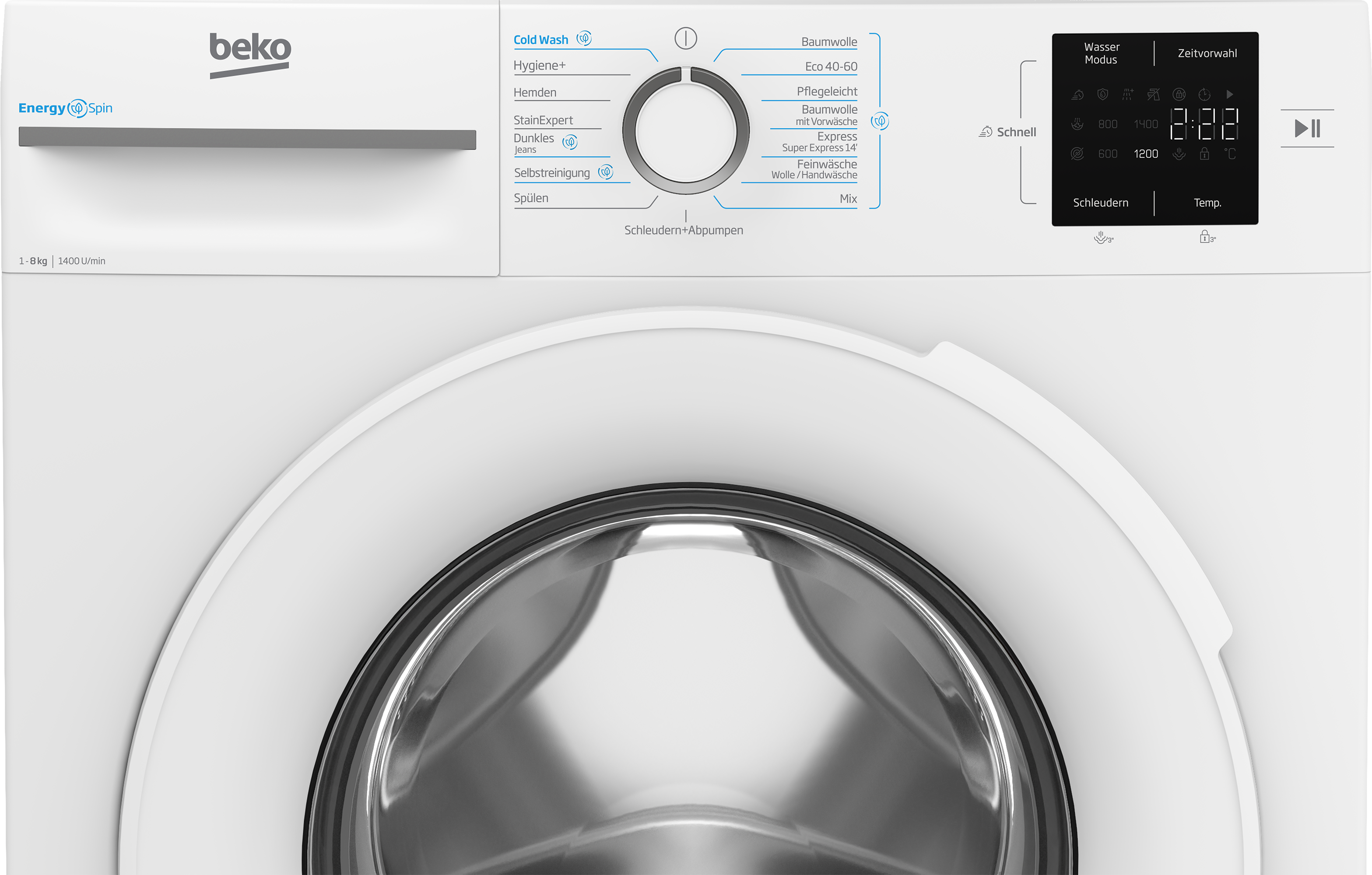 Beko Waschmaschine mit digitalem Display, Programmwahlrad und Edelstahltür.