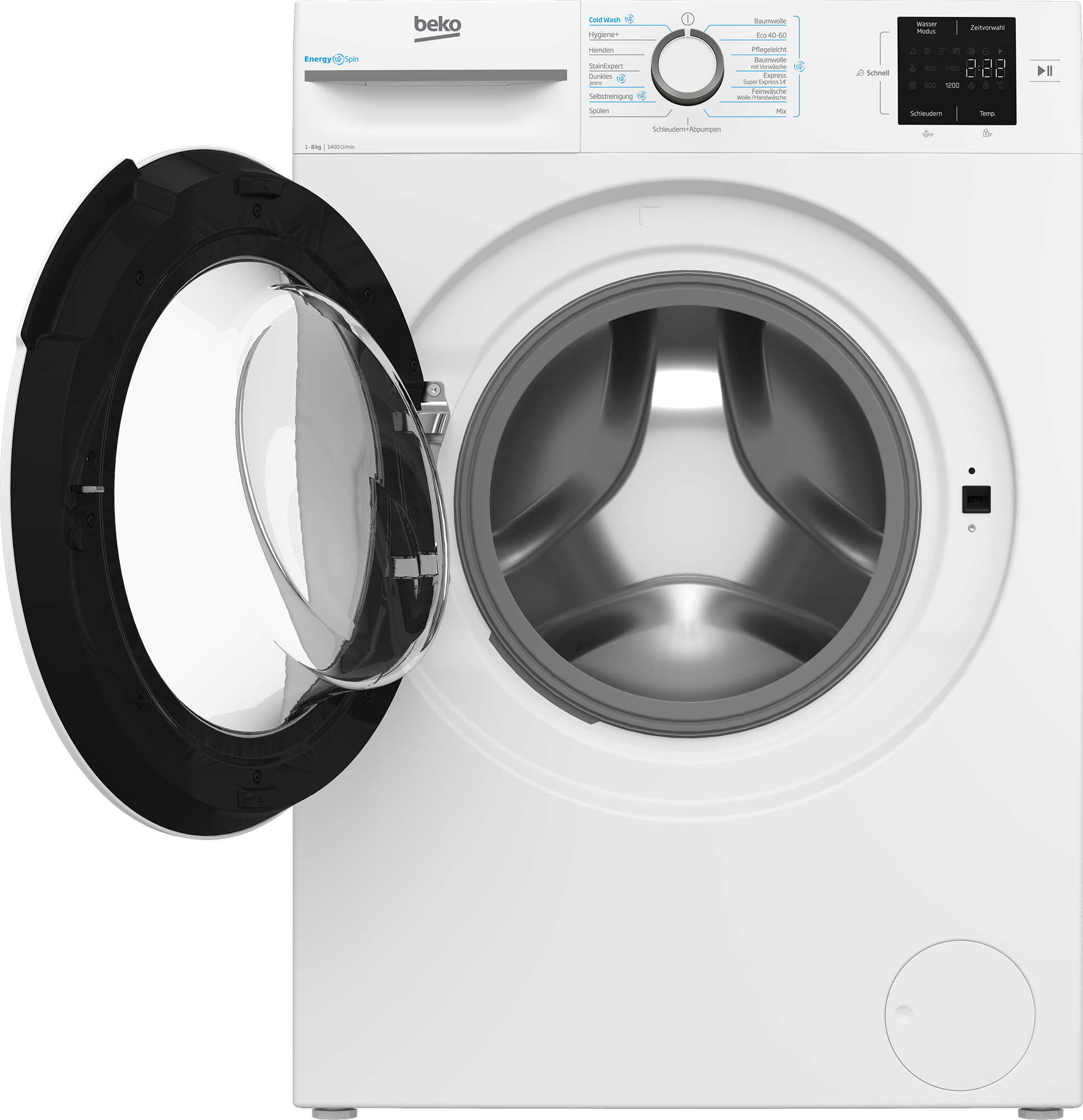 Eine weiße Beko Waschmaschine mit geöffneter Tür und einem Bedienfeld.