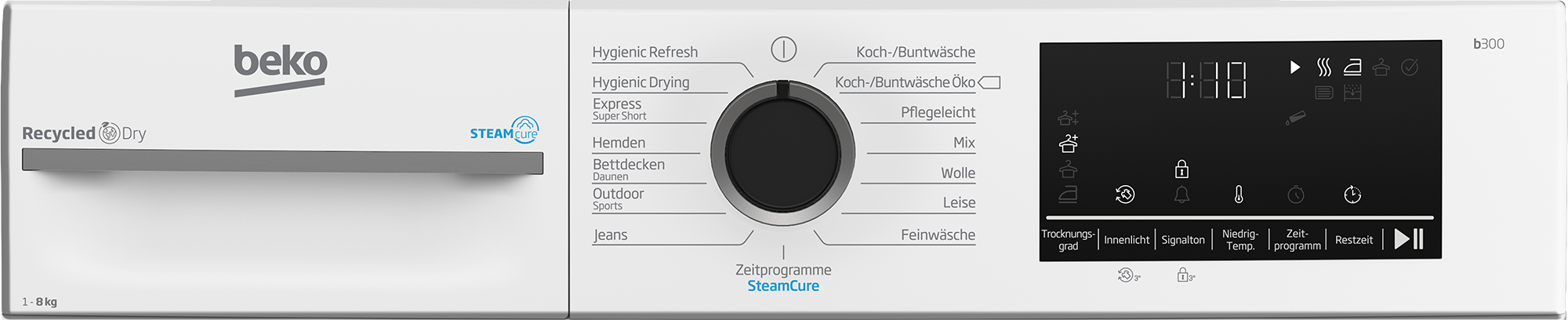 Beko Waschmaschine mit digitalem Display, Programmwahlrad und Bedienelementen.
