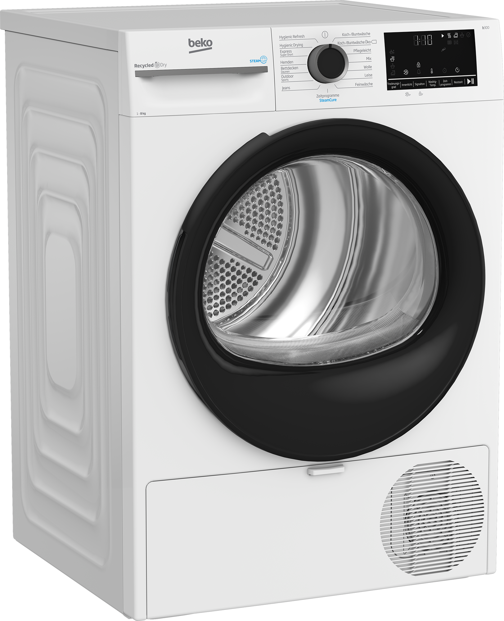 Eine weiße Beko-Wäschetrockner mit schwarzer Tür und silberner Trommel.
