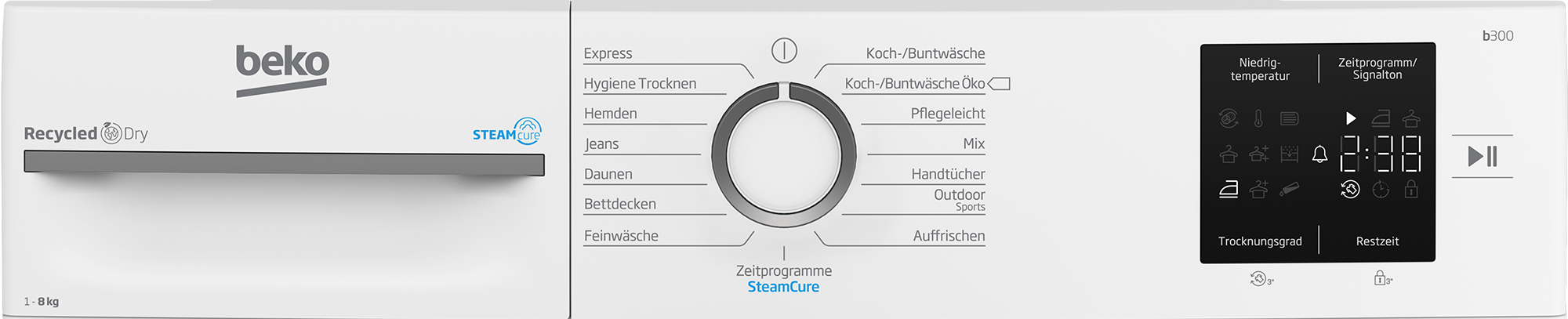 Beko Waschmaschine mit Programmauswahl, Display und Bedienelementen.