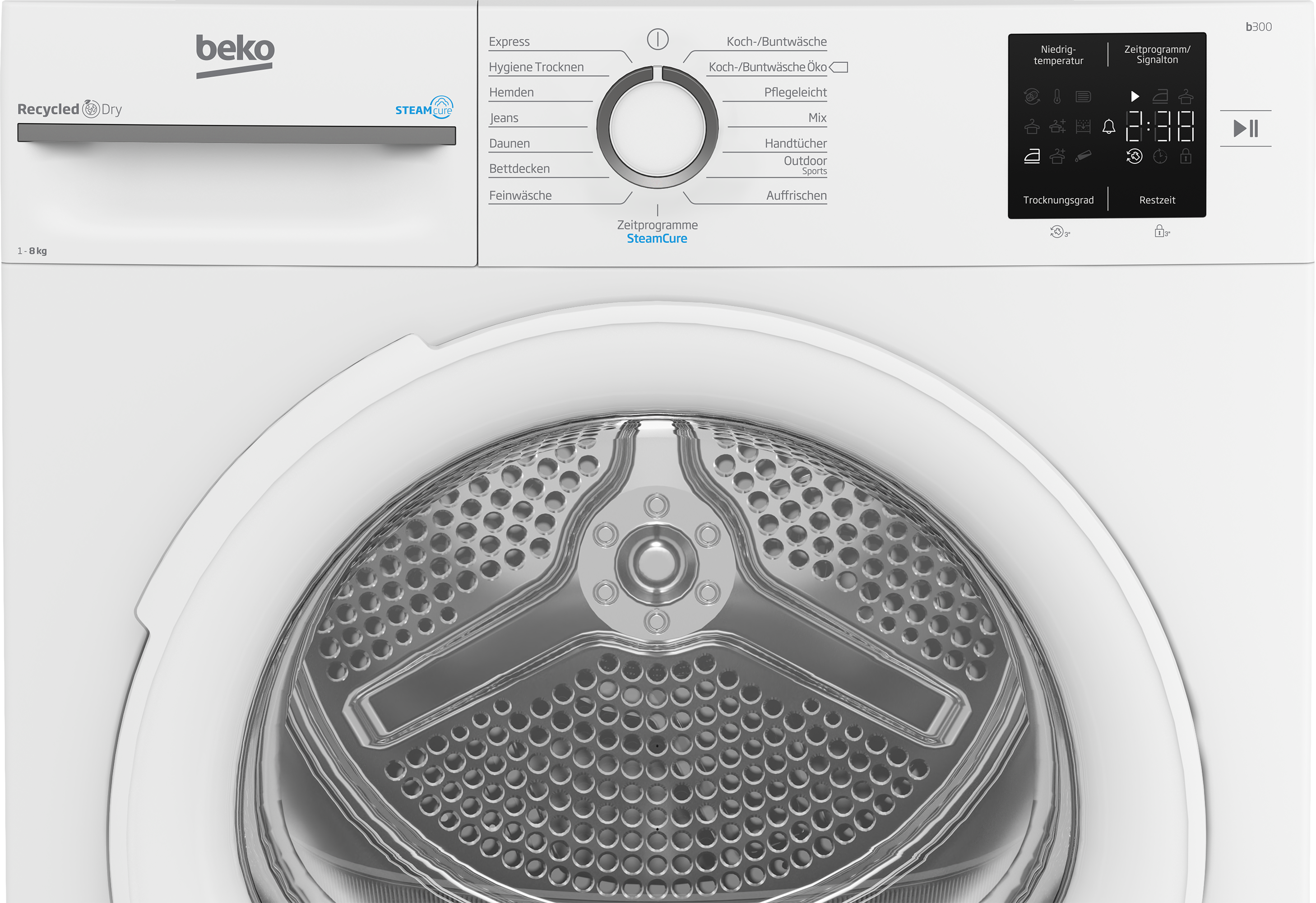 Weiße Beko Waschmaschine mit Bedienfeld und Trommel. Programme wählbar.