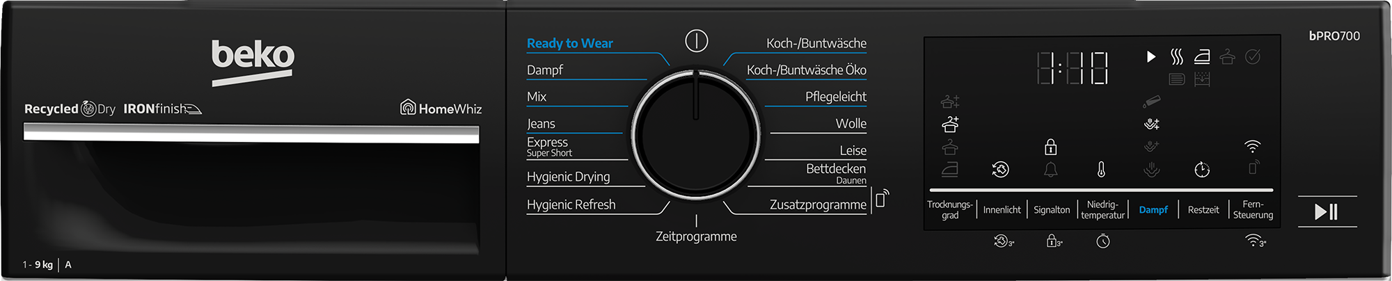 Bedienfeld einer Beko Waschmaschine mit Programmauswahl und digitaler Anzeige.