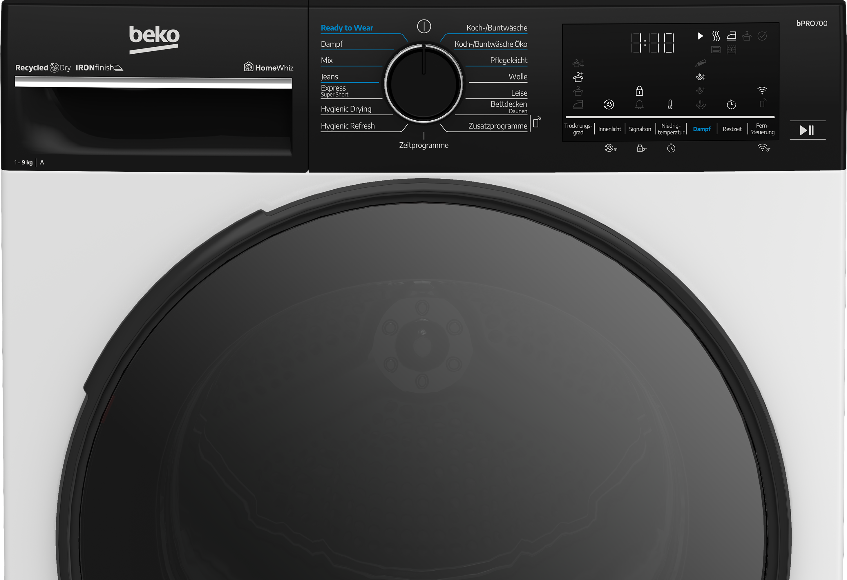 Beko Waschmaschine mit Display und Programmwahlrad. Beko und HomeWhiz Logos.
