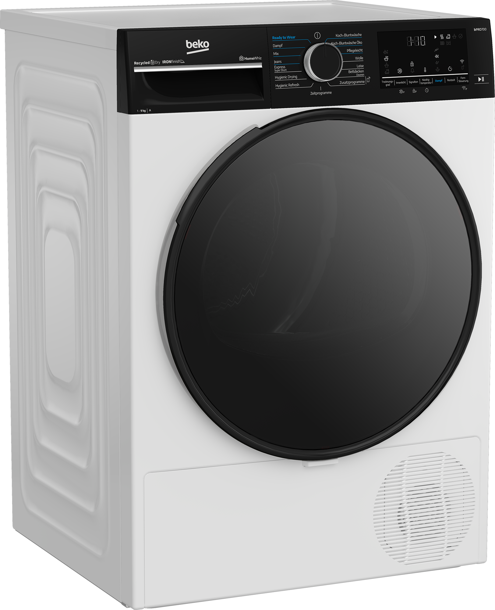 Eine weiße Beko-Wäschetrockner-Maschine mit schwarzer Tür und Bedienfeld.