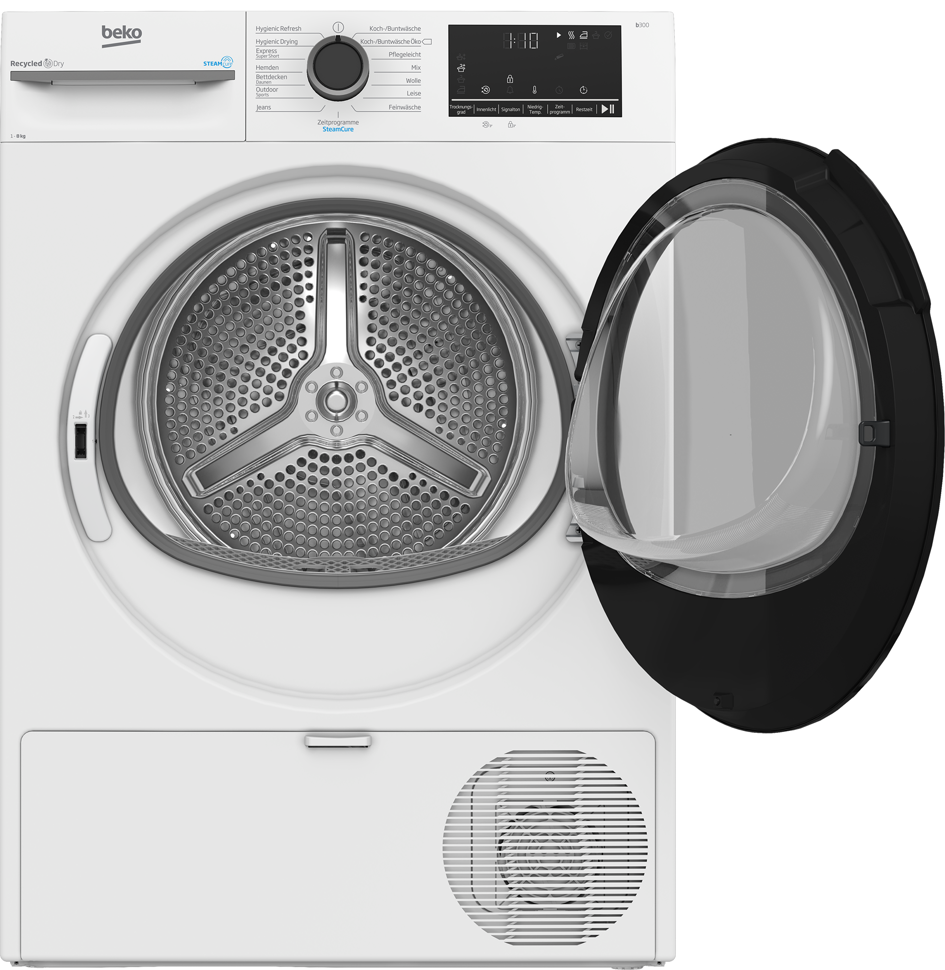 Eine weiße Beko-Wäschetrocknermaschine mit geöffneter Tür und silberner Trommel.