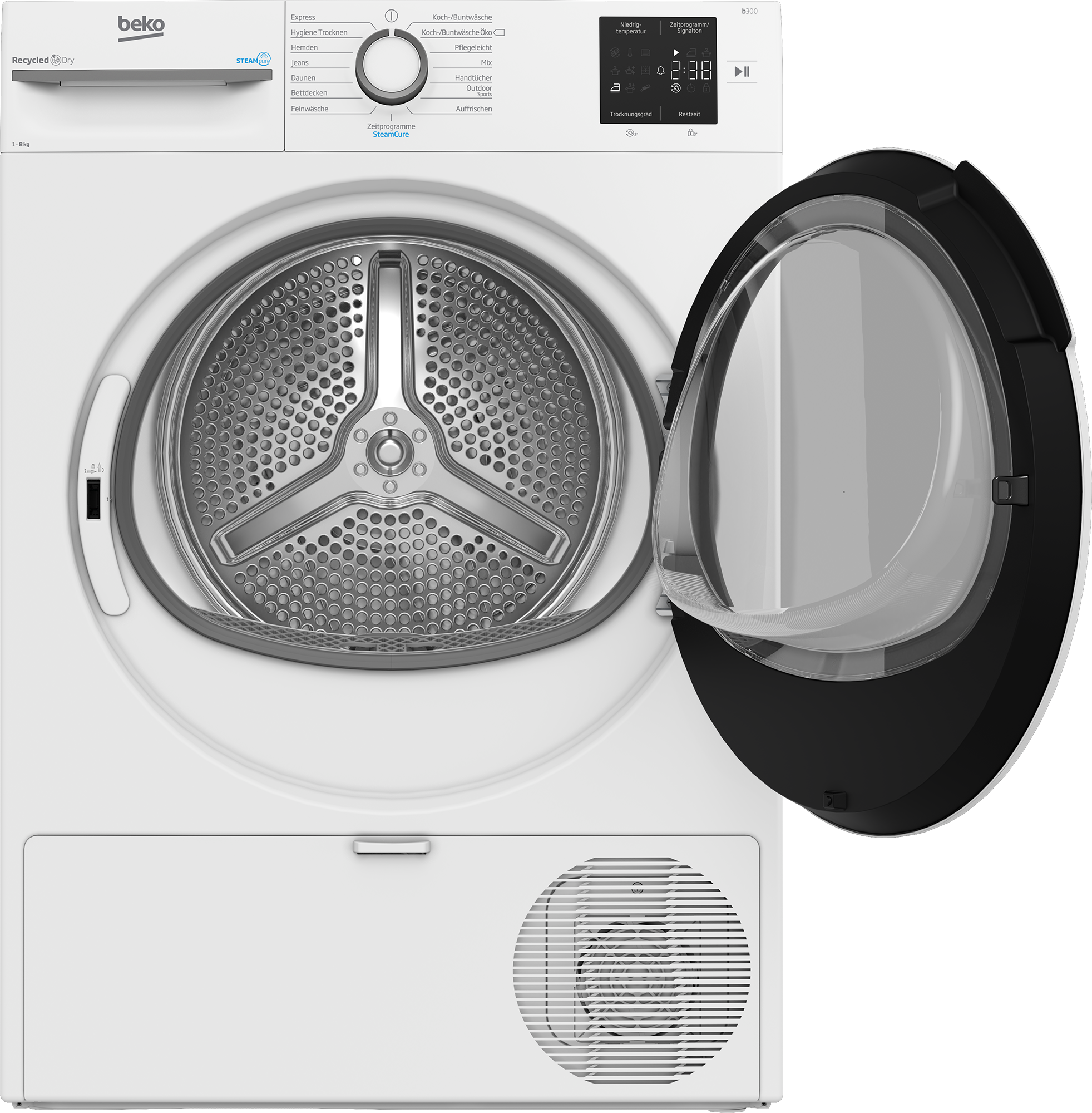 Weiße Beko-Wäschetrockner mit offener Glastür, Bedienfeld und Trommel sichtbar.