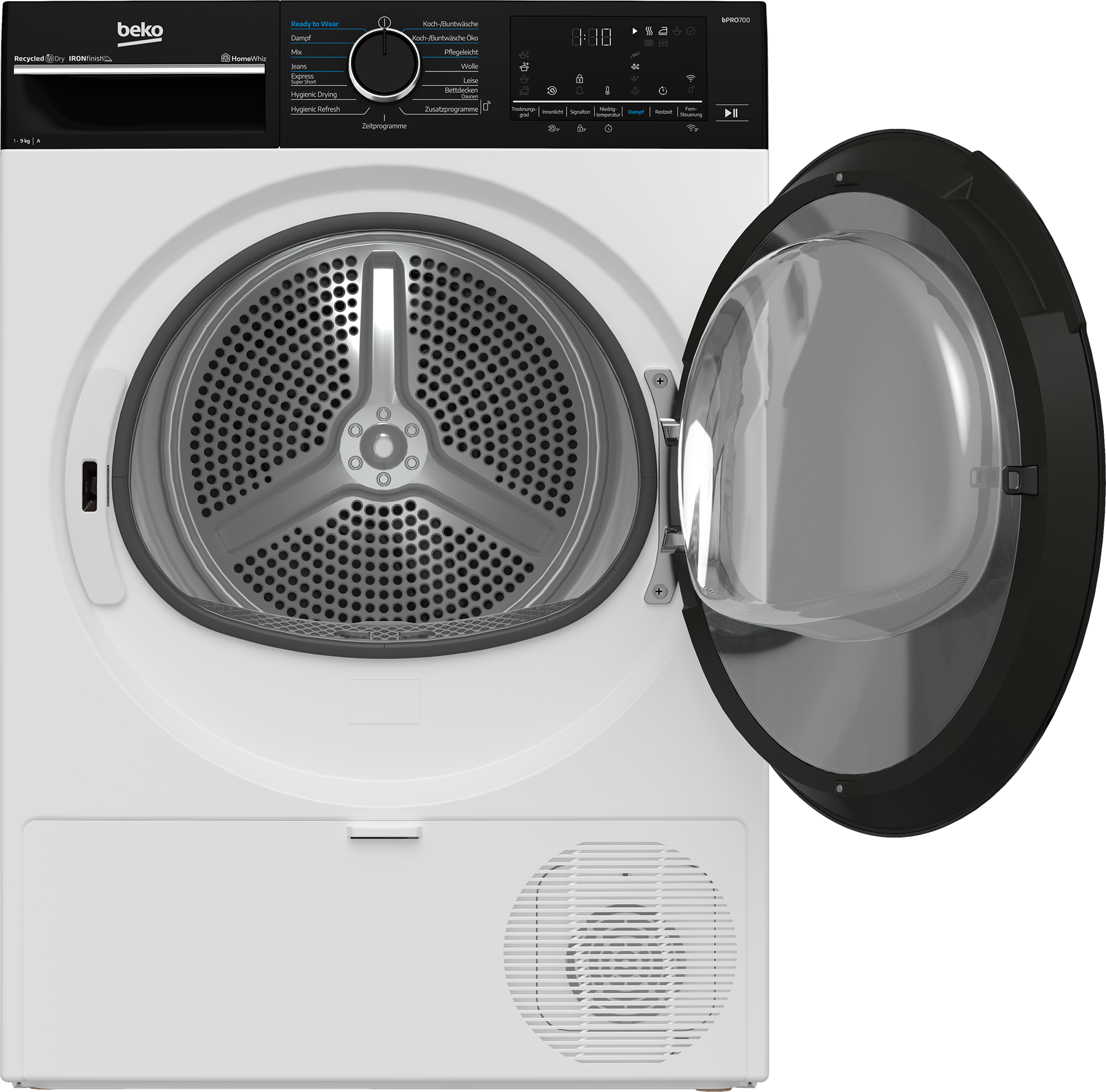 Ein weißer Wäschetrockner von Beko mit geöffneter Tür und Bedienfeld.