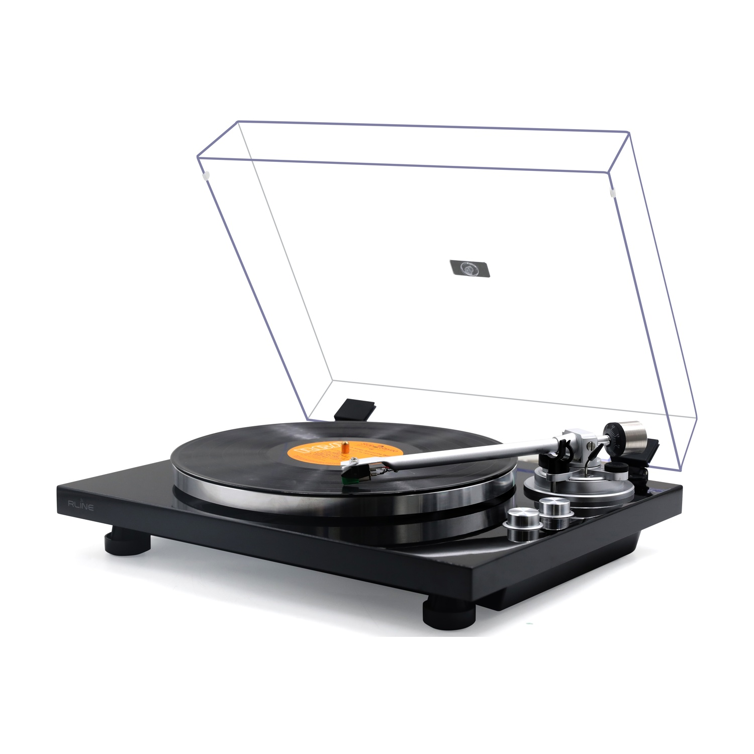 Giradischi nero con vinile e coperchio trasparente, su sfondo bianco.