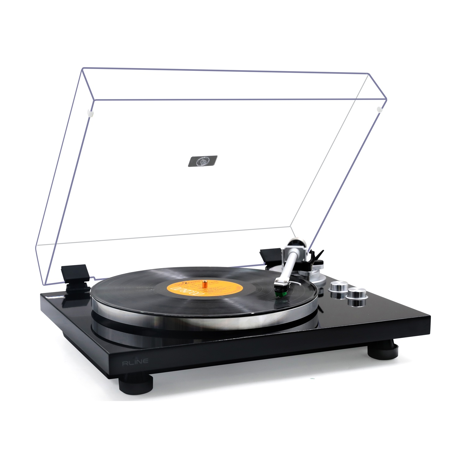 Giradischi nero con disco in vinile e coperchio aperto, su sfondo bianco.