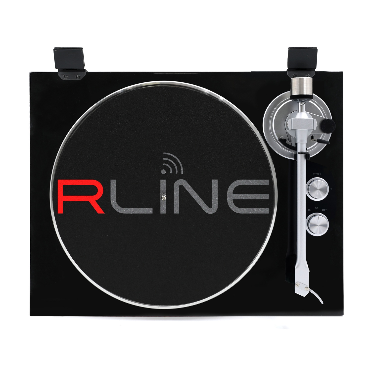 Giradischi nero con logo RLINE. Braccio e controlli argentati.