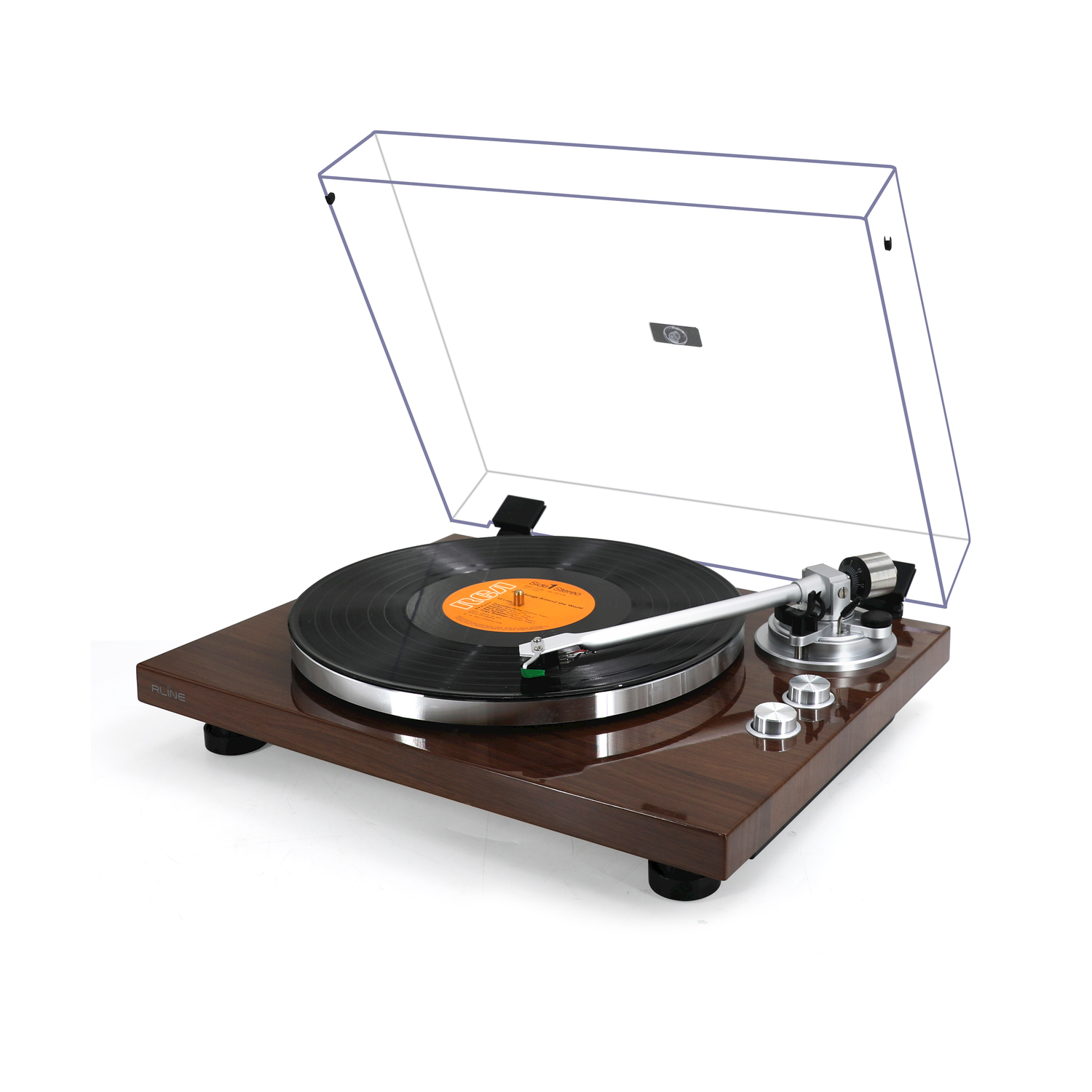 Un giradischi in legno con un disco in vinile e il coperchio aperto.
