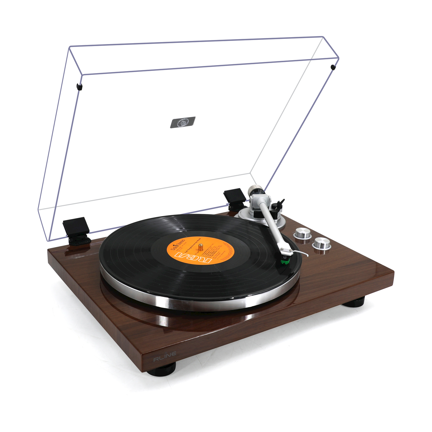 Un giradischi con un disco in vinile e il coperchio aperto.