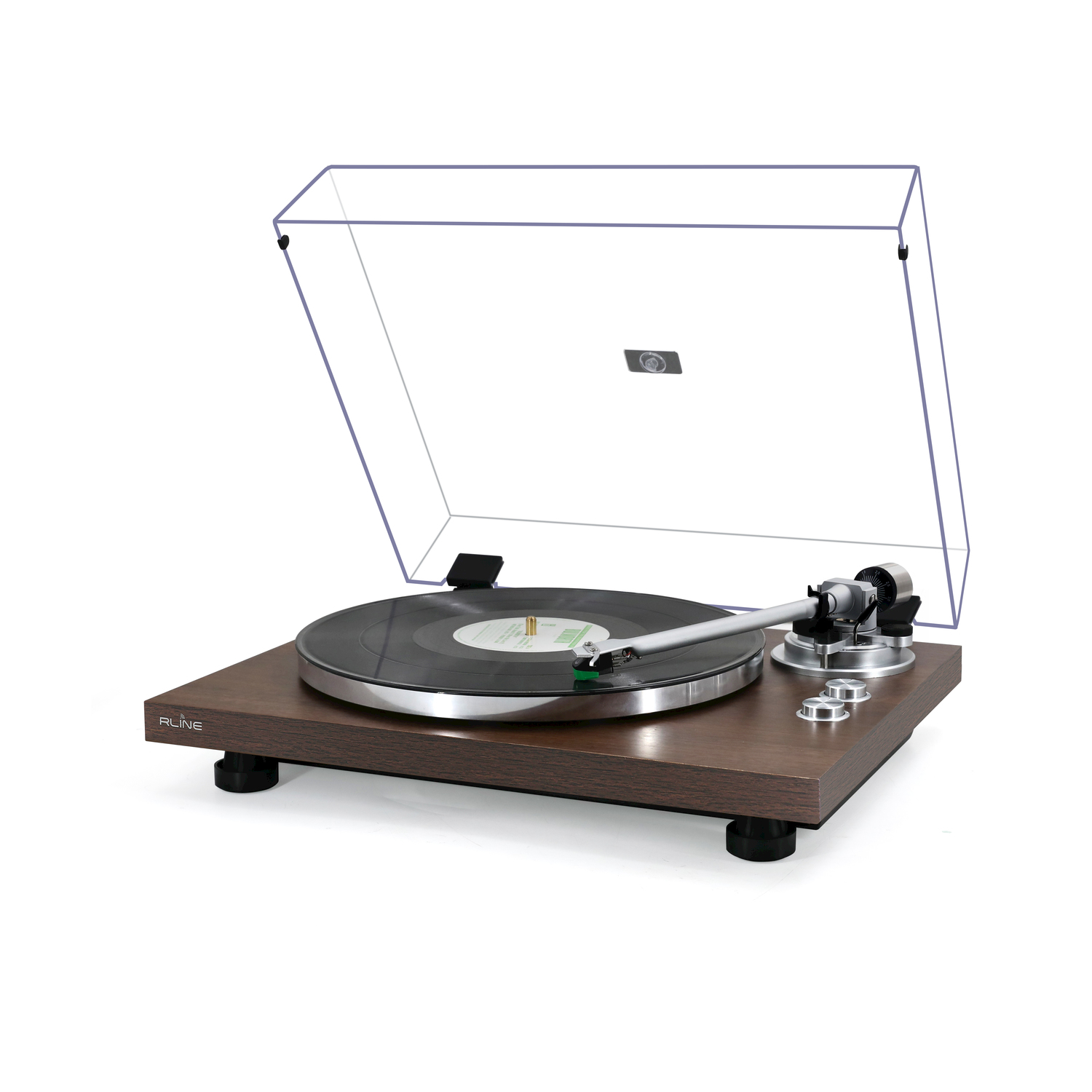 Un giradischi in legno con disco in vinile e braccio sotto un coperchio trasparente.