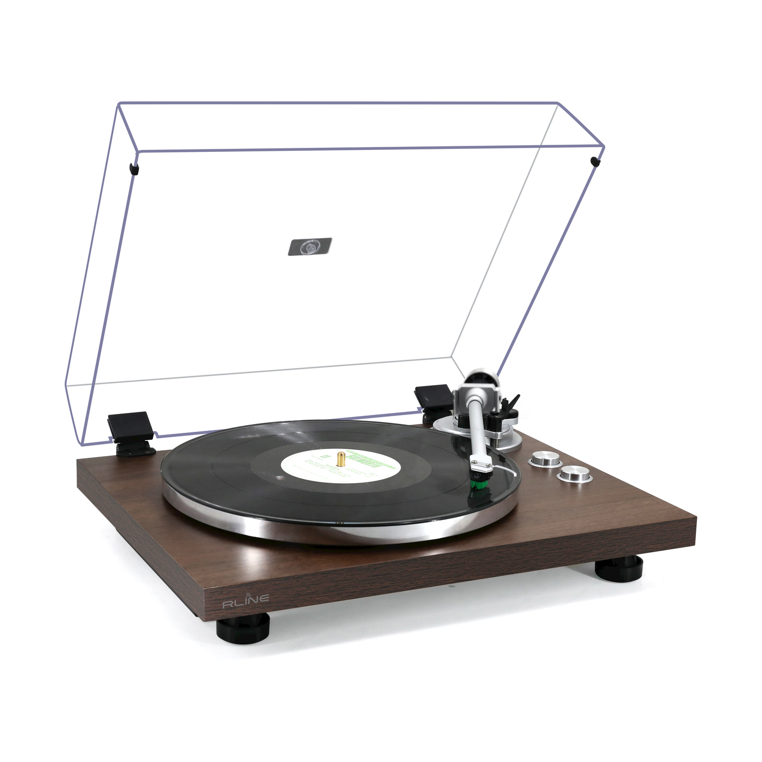 Giradischi marrone con disco in vinile nero e coperchio trasparente.