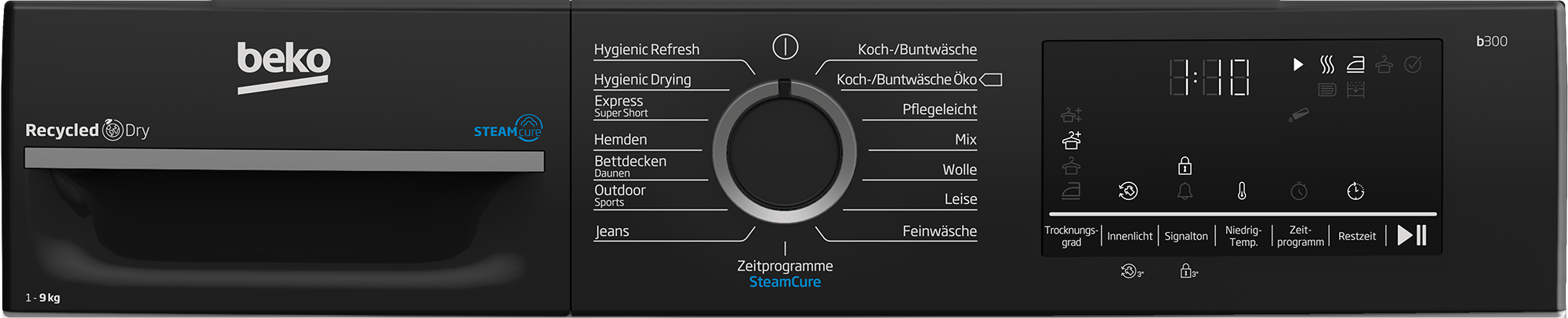 Beko Waschmaschine mit digitaler Anzeige und Drehwahl für Programme wie Jeans, Wolle, Pflegeleicht.