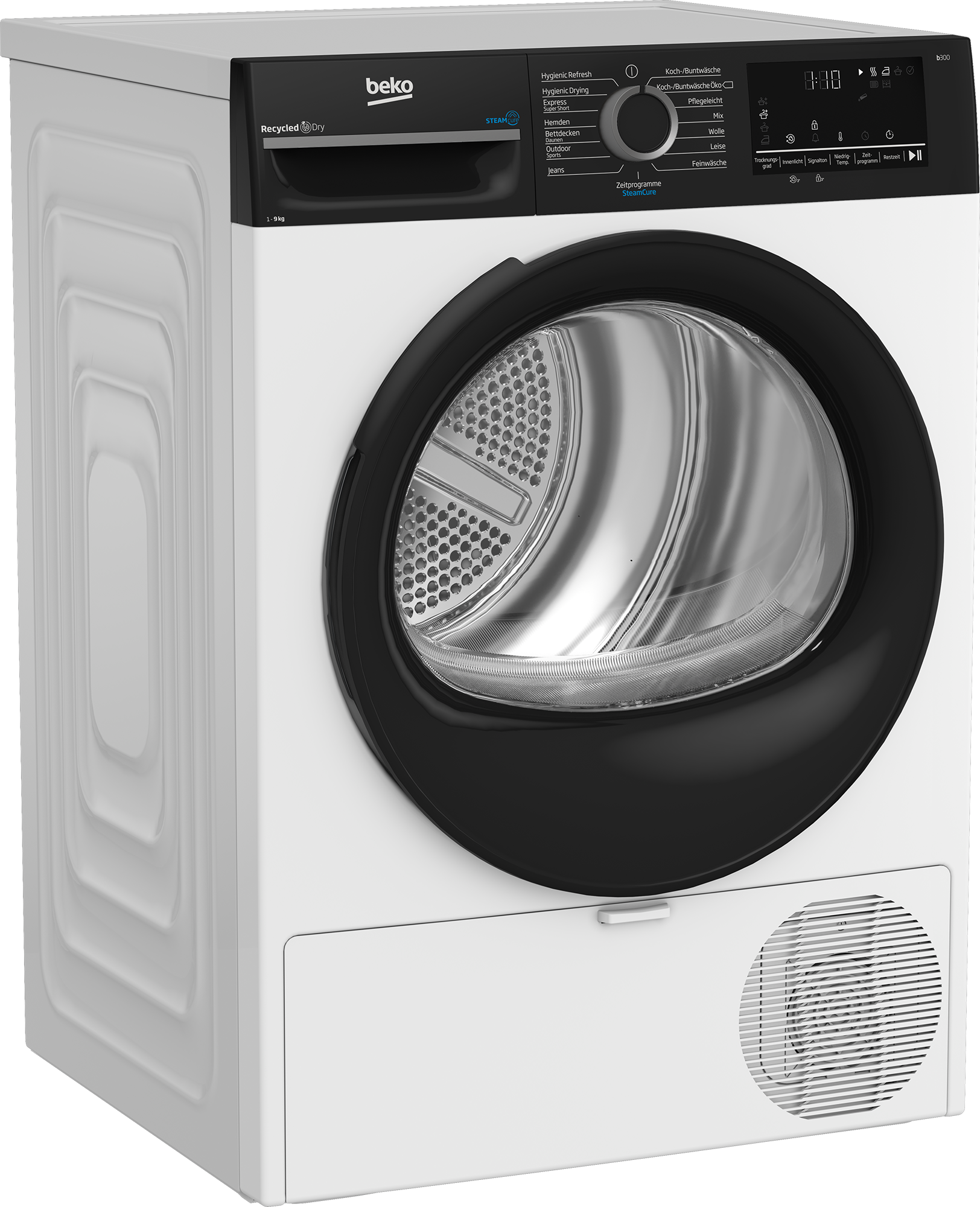 Eine weiße Beko Wäschetrockner-Maschine mit schwarzer Tür und Bedienfeld.