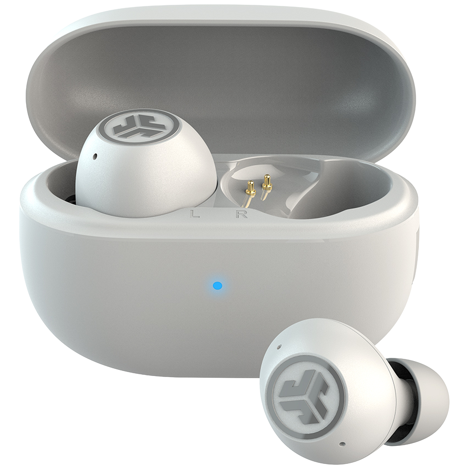 Witte true wireless oordopjes in een open oplaadcase met een blauw lampje.
