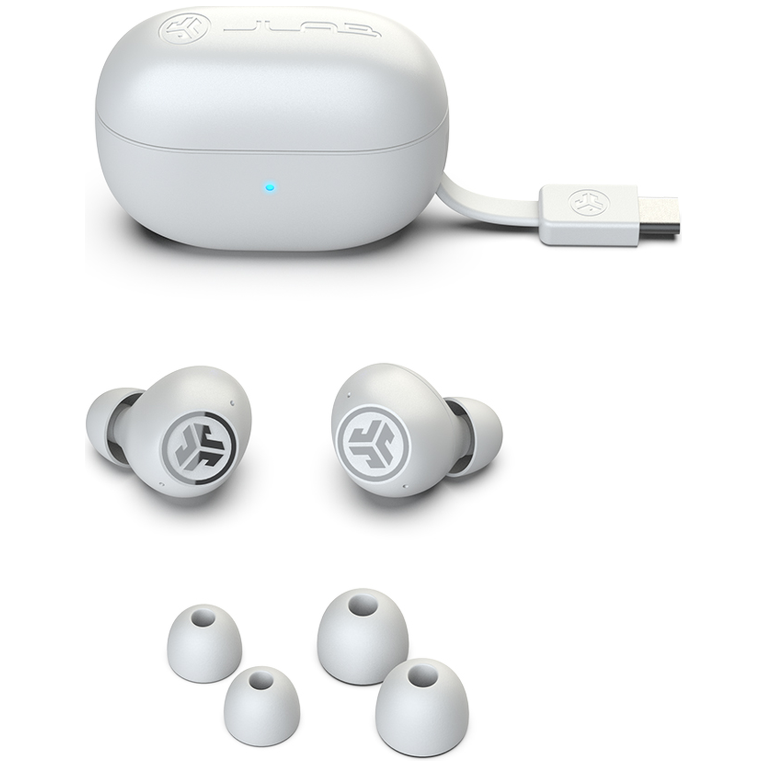 Witte oordopjes met oplaadcase en USB-C kabel, drie oordopjes.