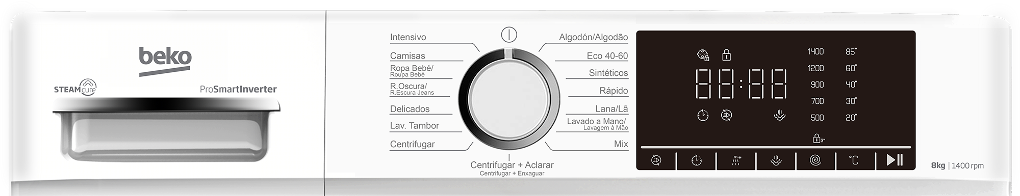 Panel de control blanco de lavadora Beko con selector de programas y pantalla digital.