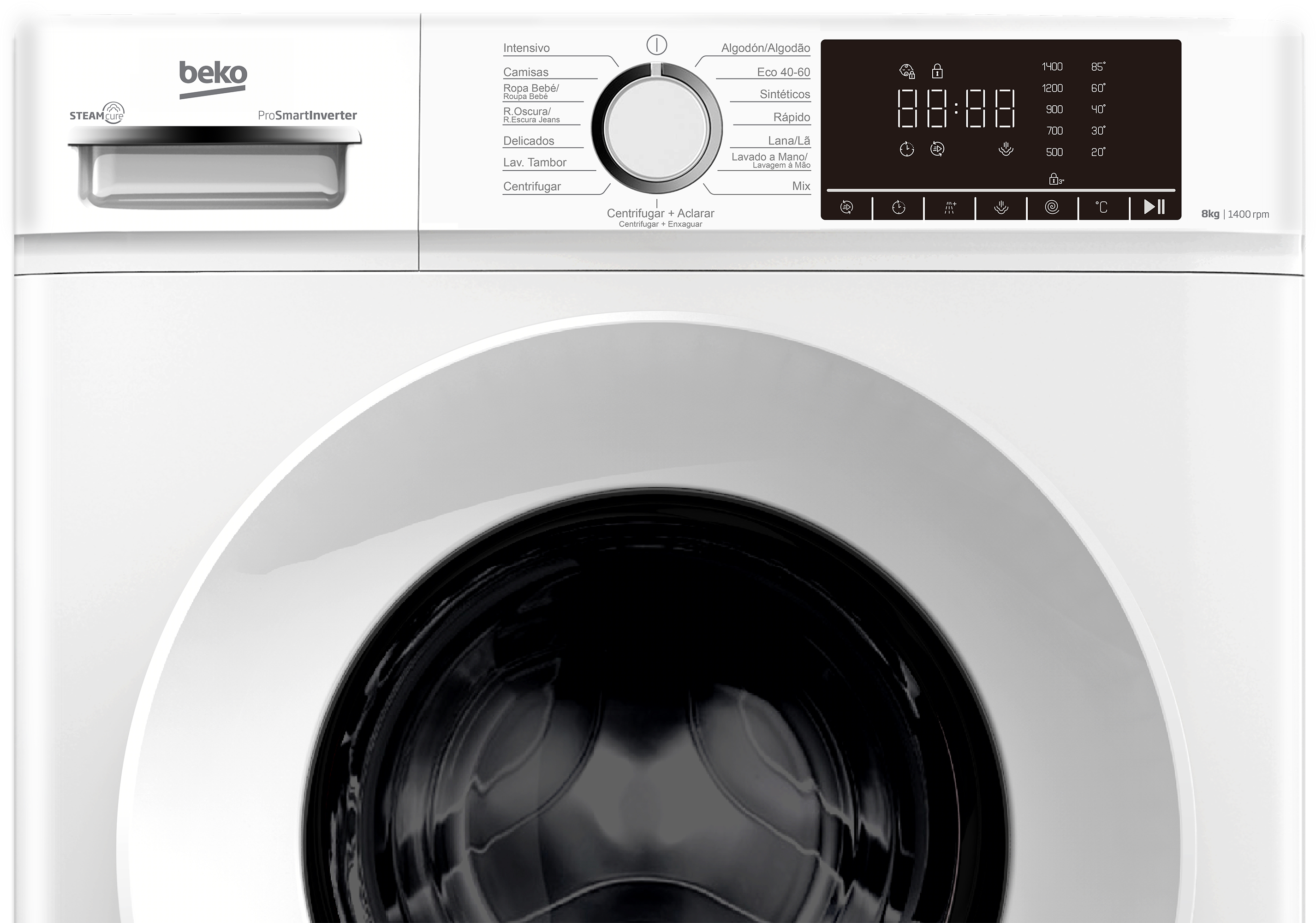 Lavadora Beko blanca con pantalla digital y dial de selección de programas.