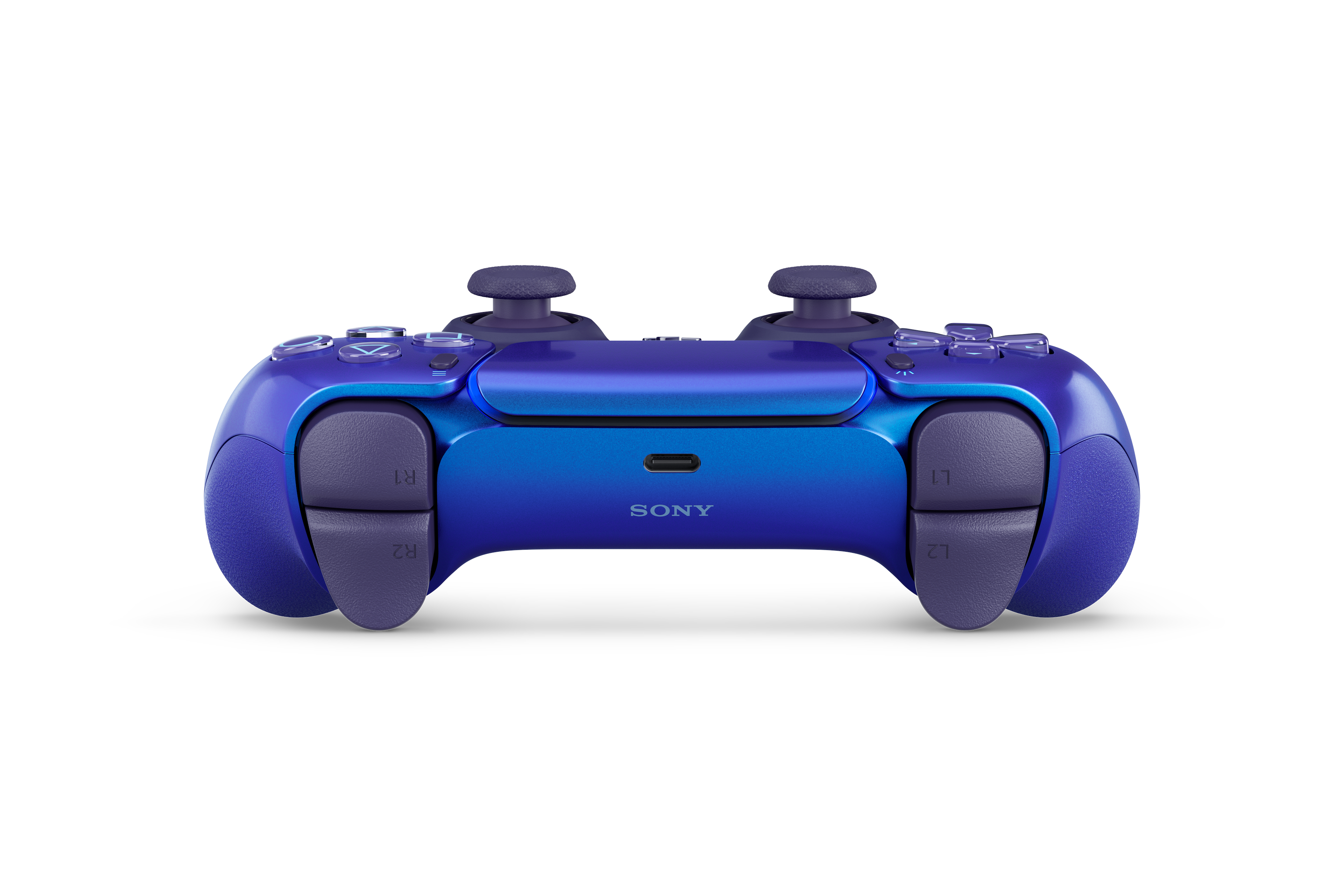 Ein blauer und violetter Sony PS5 Controller mit USB-C-Anschluss.