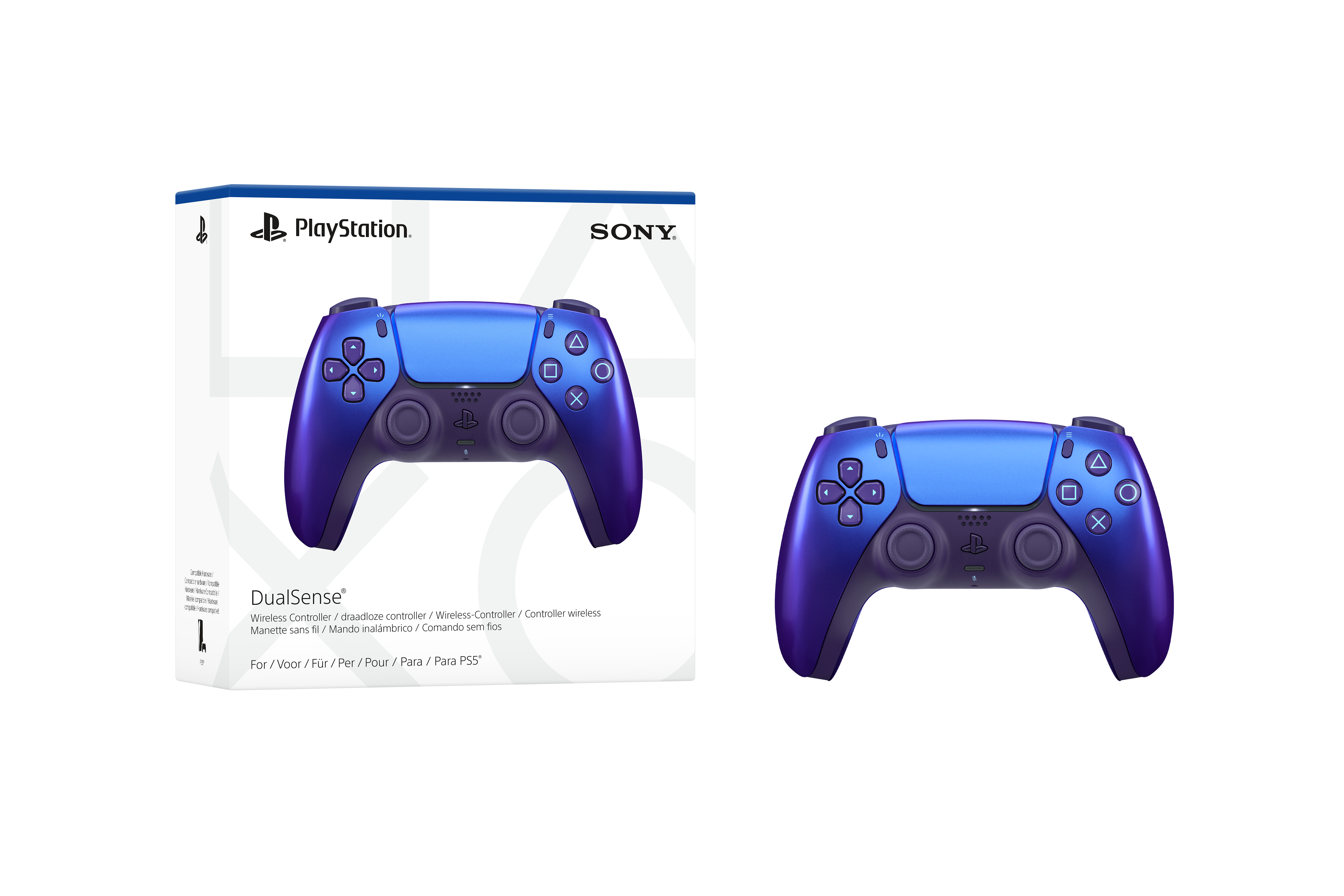 Ein blauer DualSense-Controller für die PS5 neben seiner Verpackung.