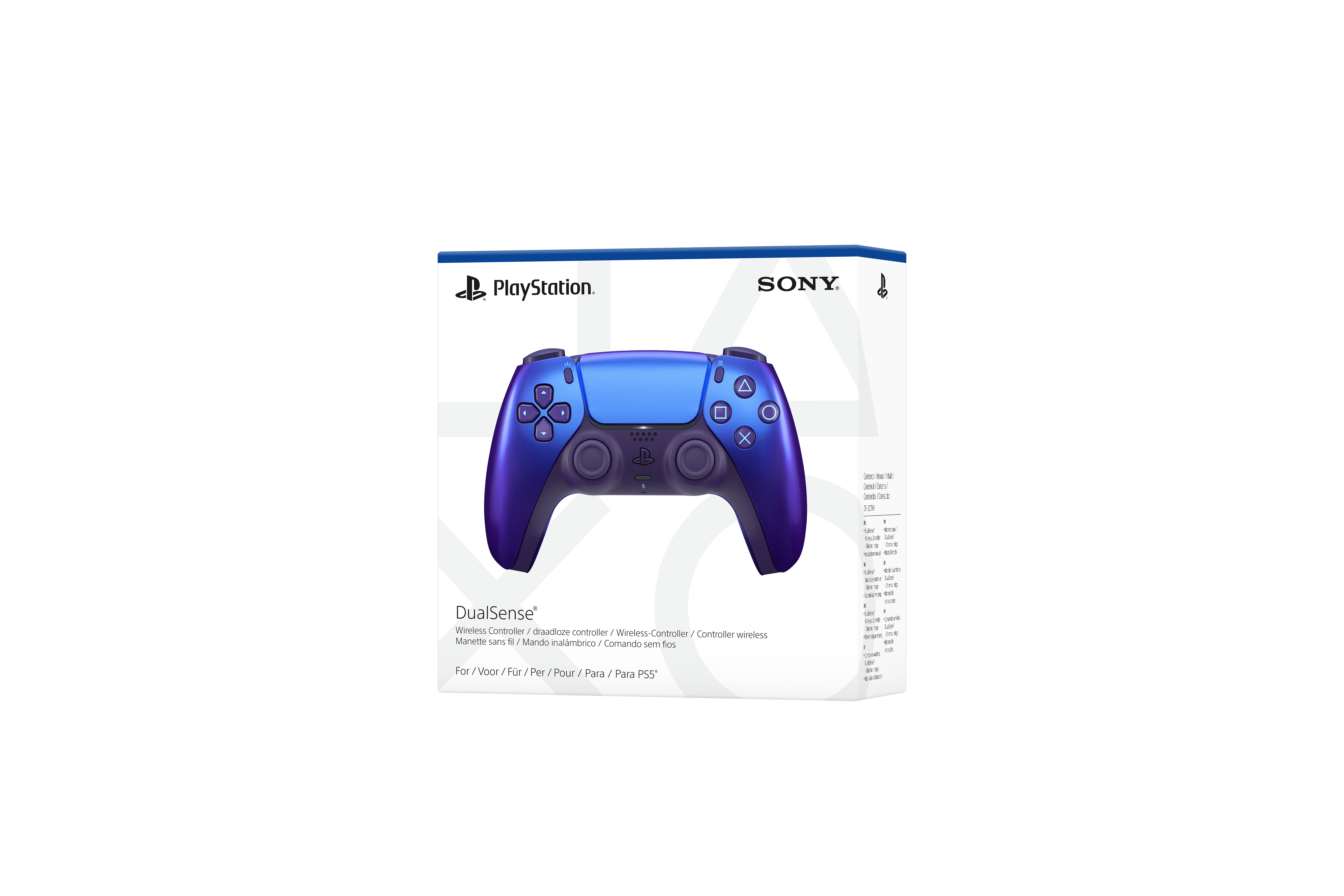 Blauer DualSense PS5 Controller auf weißem Karton mit Sony-Logo.