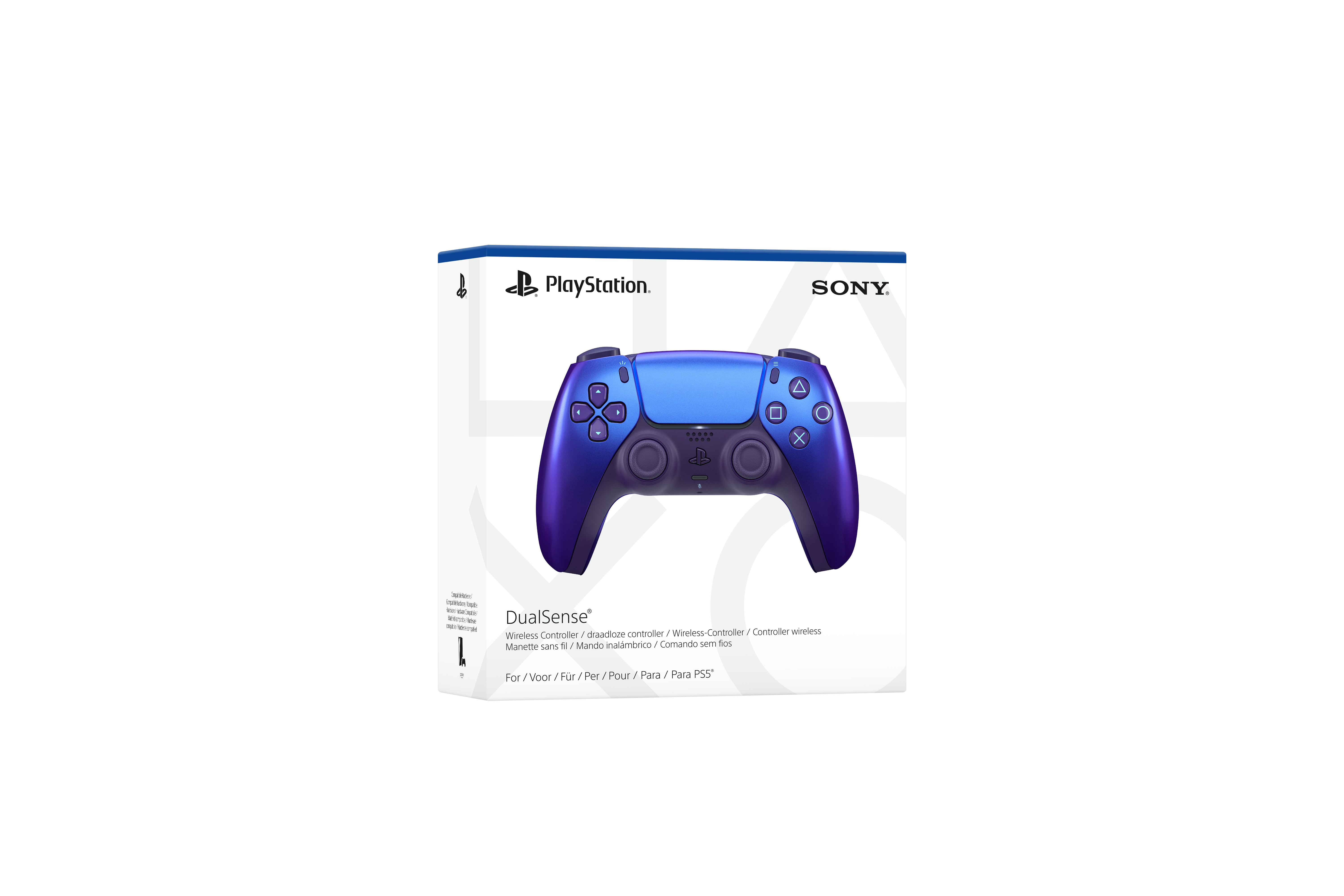 Eine violette PlayStation DualSense-Controller-Verpackung mit Controller-Abbildung.