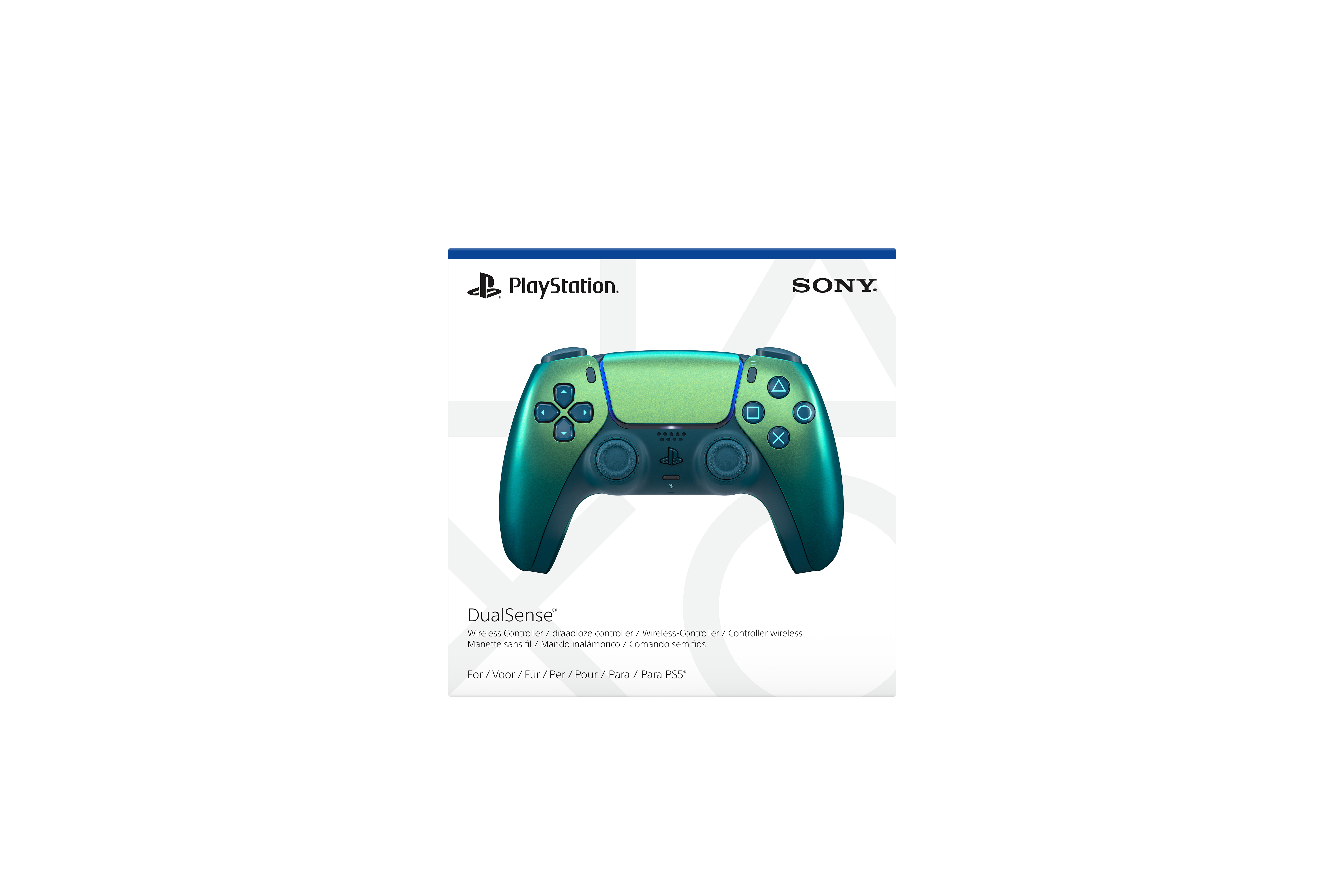 Grüner und blauer PlayStation DualSense Controller mit Tasten.