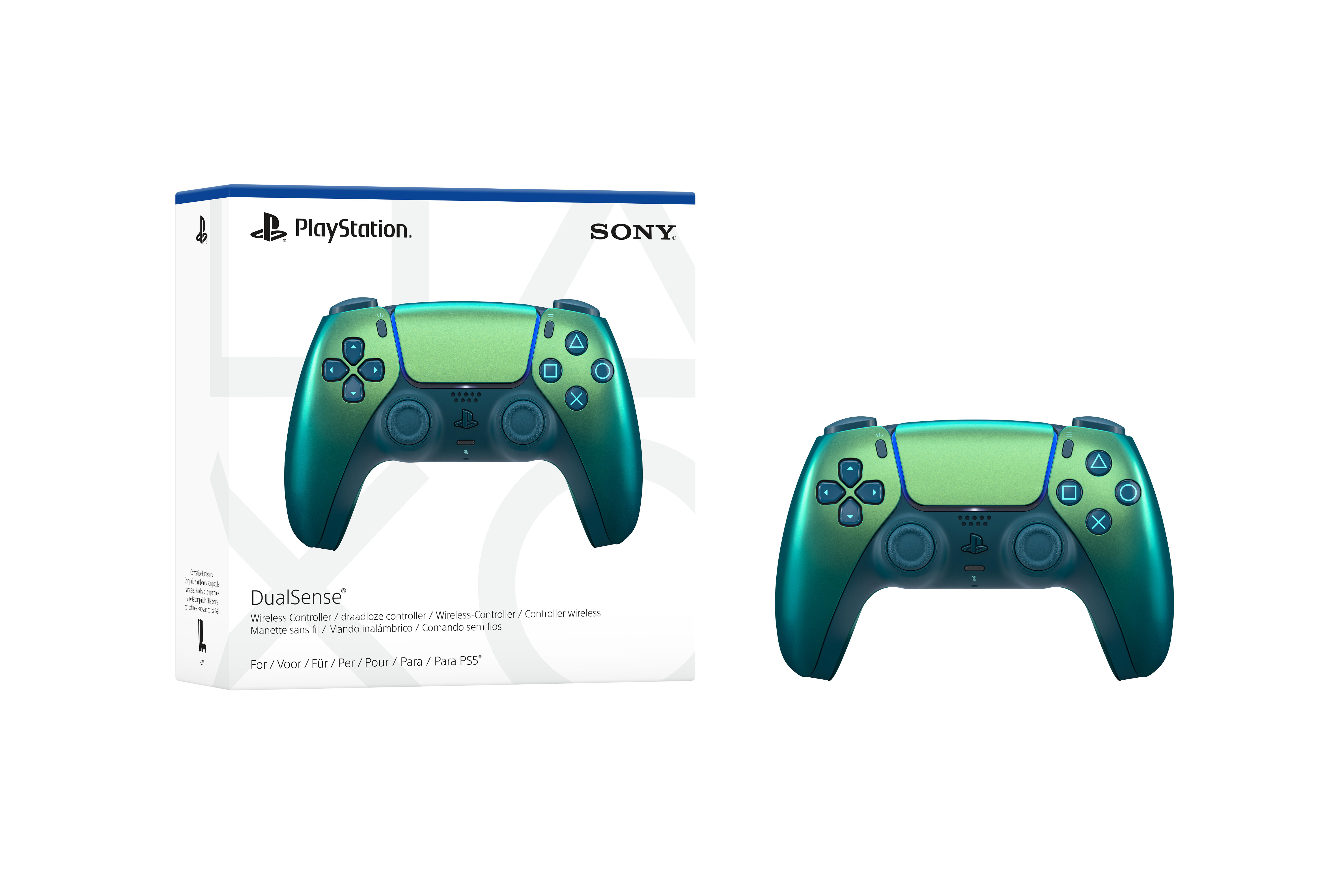 Ein grüner und blauer PlayStation DualSense-Controller liegt neben seiner Verpackung.