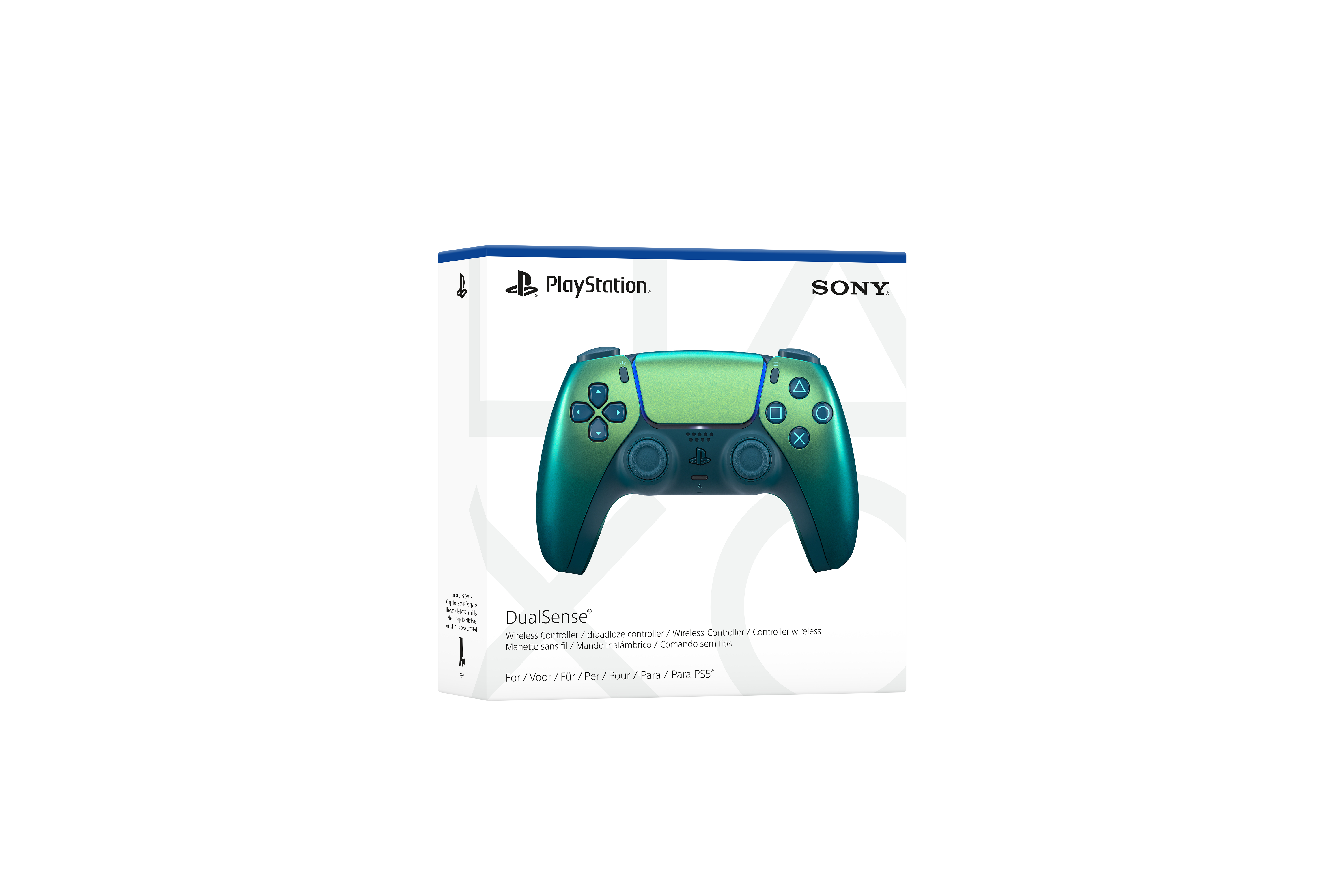 Grüner und blauer PlayStation DualSense-Controller auf seiner Verpackung.