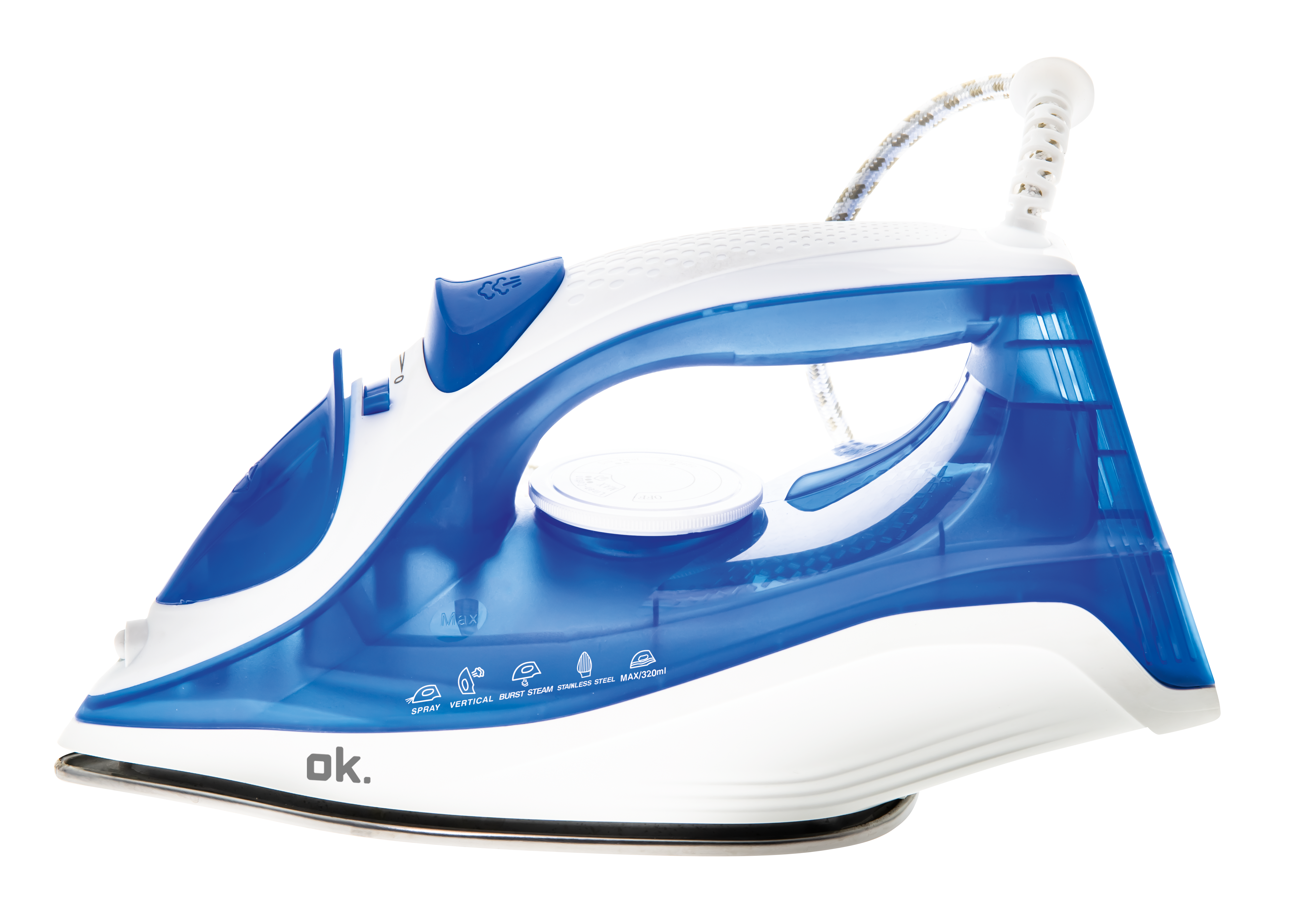 Niebiesko-białe żelazko parowe na białym tle.