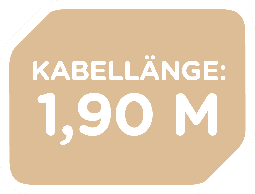 Długość kabla: 1,90 m. Beżowe tło z białym tekstem.