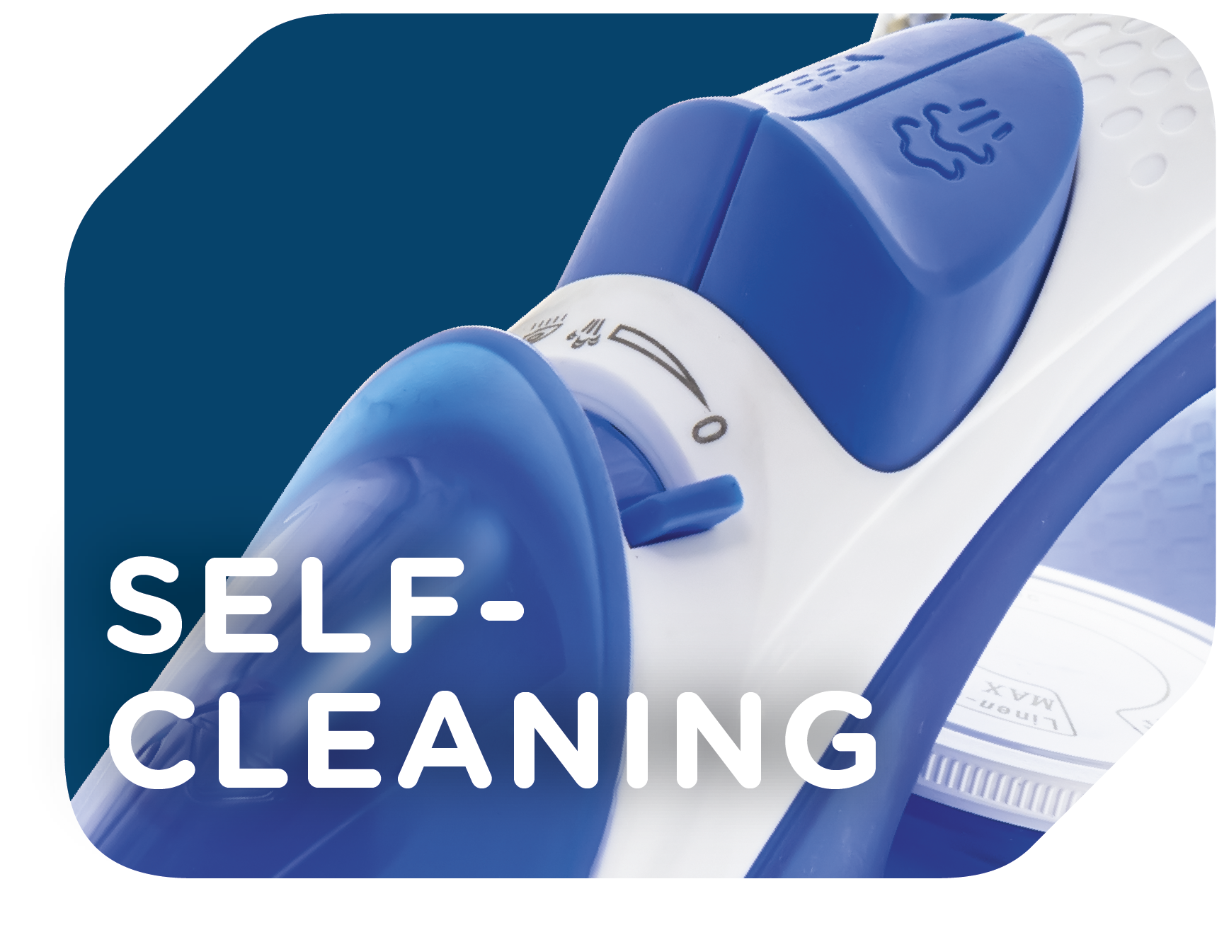 Zbliżenie na niebiesko-białe żelazko. Napis: SAMOCZYSZCZENIE.